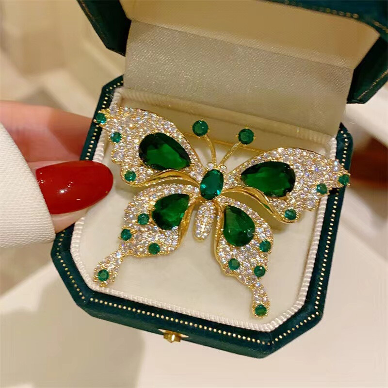 2PCS Elegant Vintage Green Butterfly Brooch Pin - Rhinestone Accessory for Women