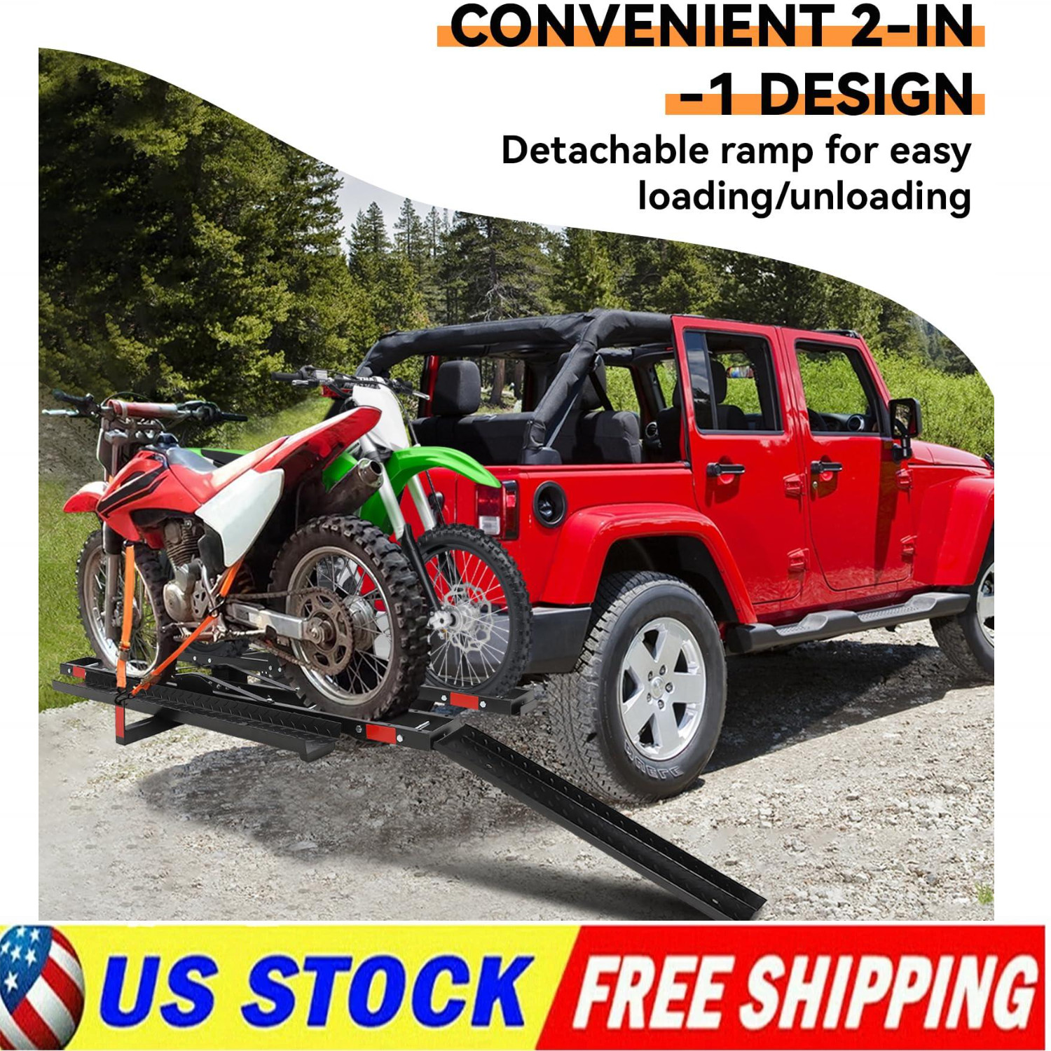 600 LBS Dirt Bike Carrier Rack Dual Motorcycle Carrier Hitch Mount w/Ramp Straps