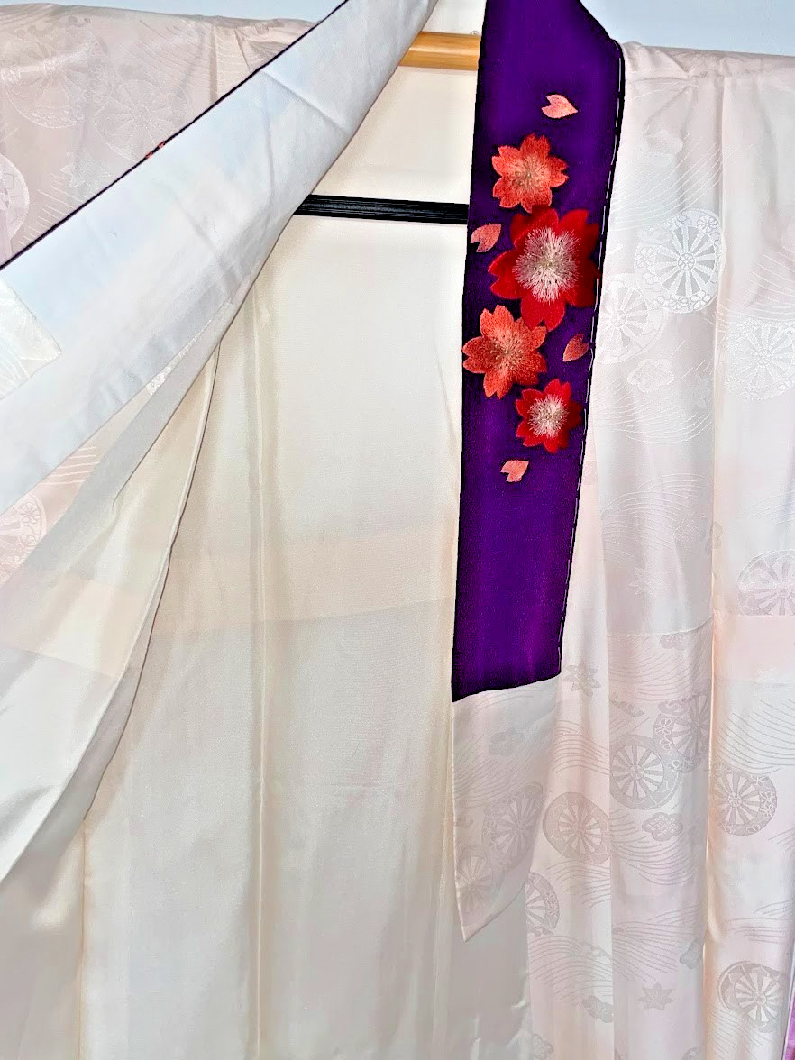 Vintage Silk Nagajuban For Furisode S 25.2in Yuki Japan Pink Sakura Kanoko