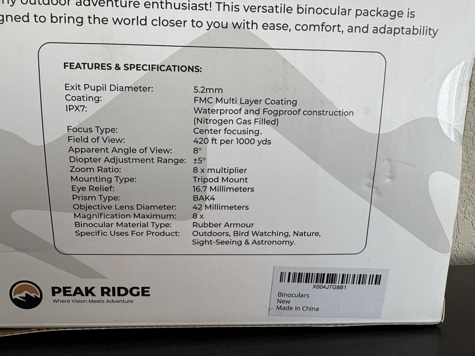 Peak Ridge Binocular Set. Explorer Pro. 8x42. New In Box. Waterproof.