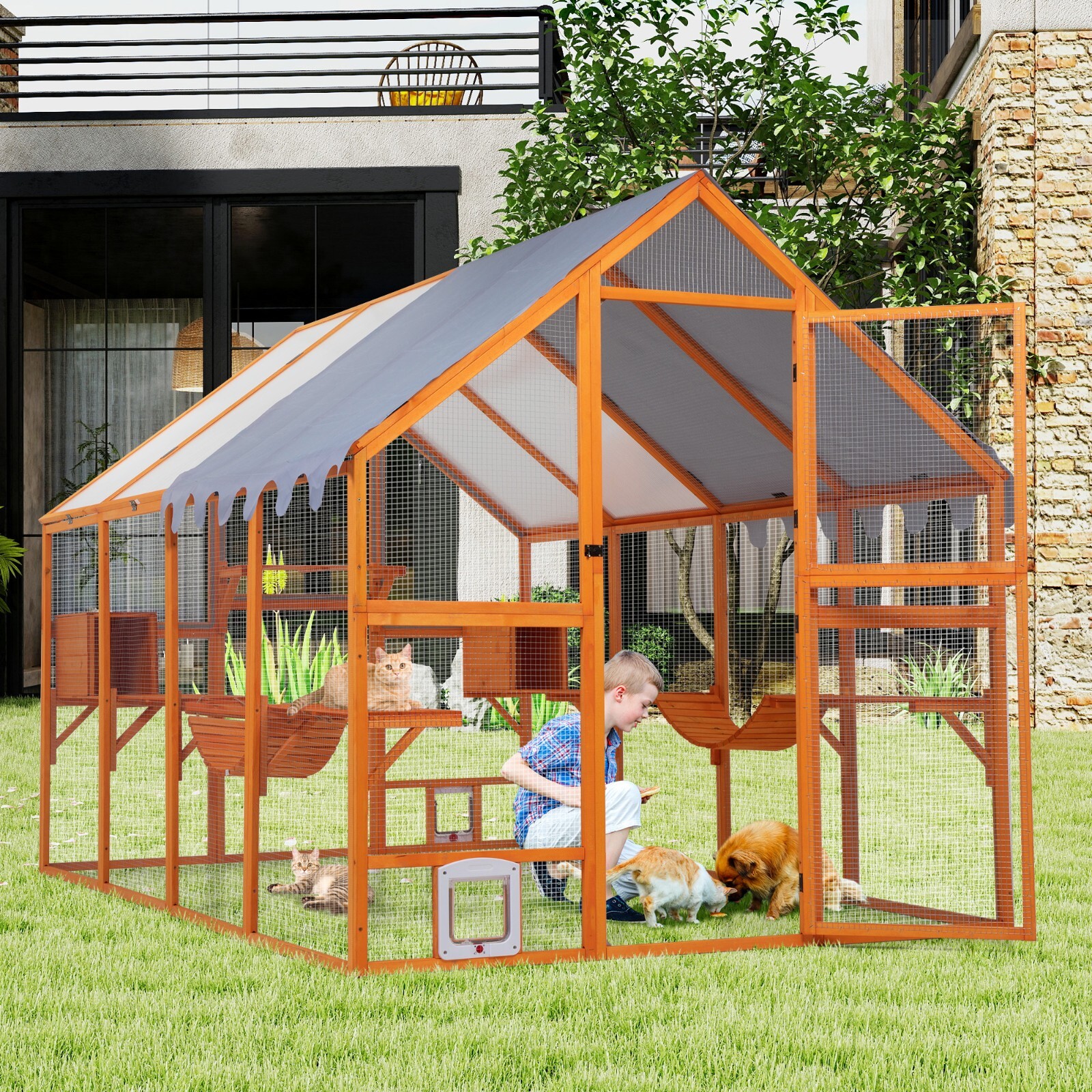 COZIWOW 108" Outdoor Large Cat Enclosure Wooden Cat Catio Outside Window Access