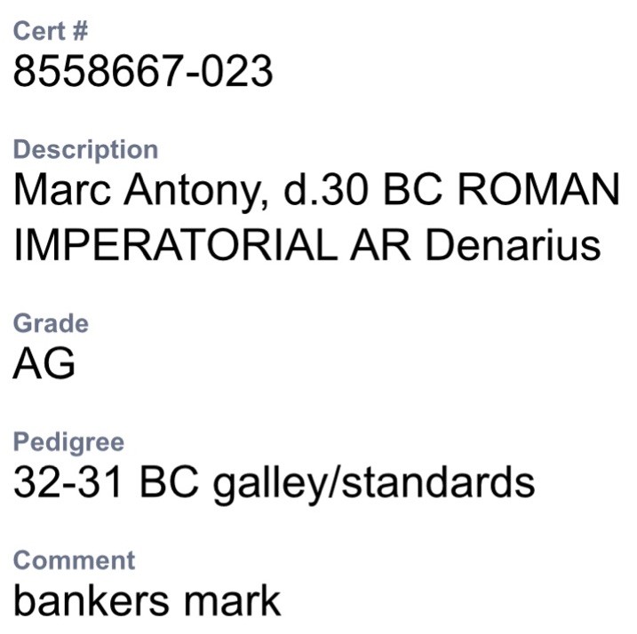 Marc Antony Silver Denarius 30BC Genuine Legionary Roman Imperatorial NGC Graded
