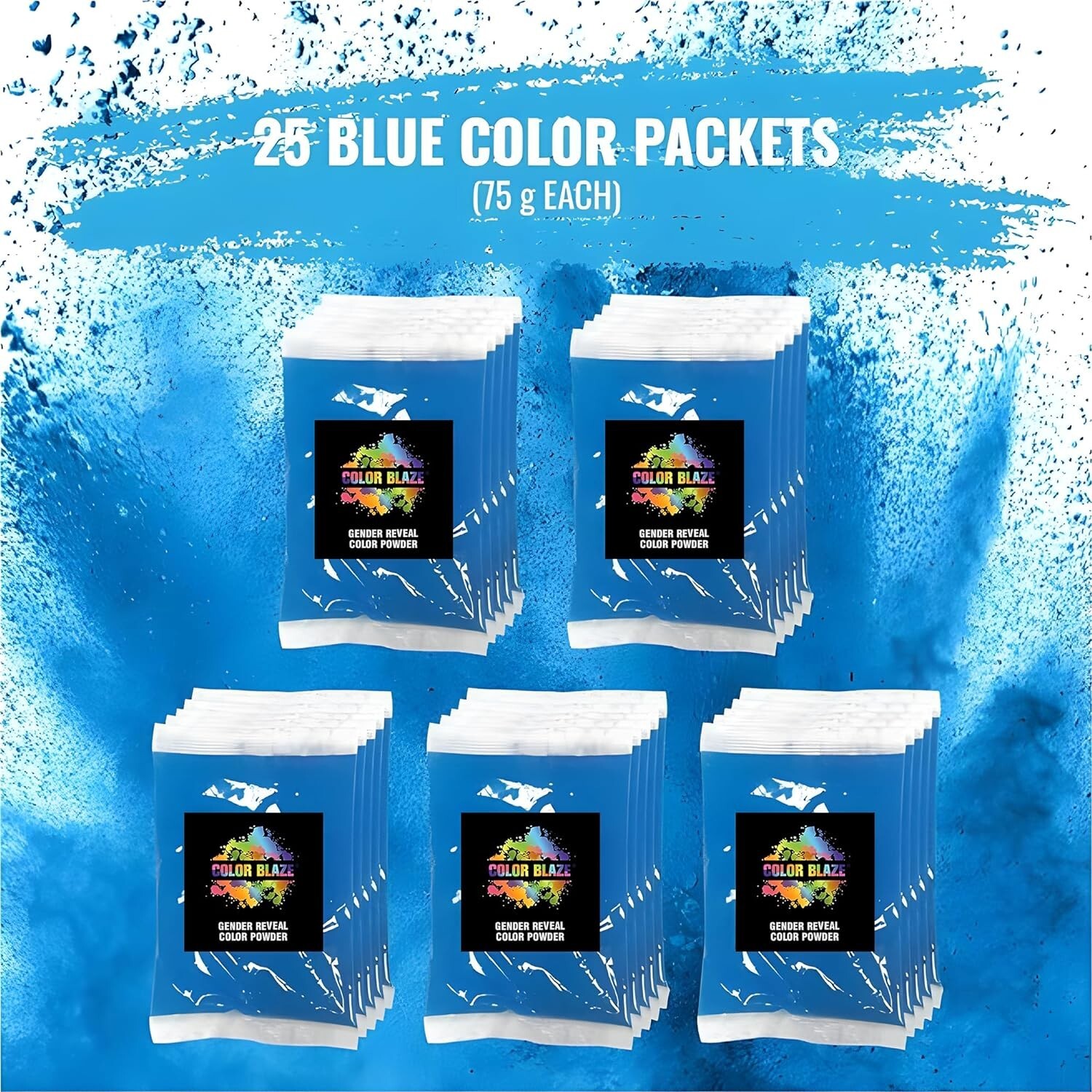 Color Blaze Color Powder Packets - 75 g Each - 25 Packs Blue Baby Gender Reveal