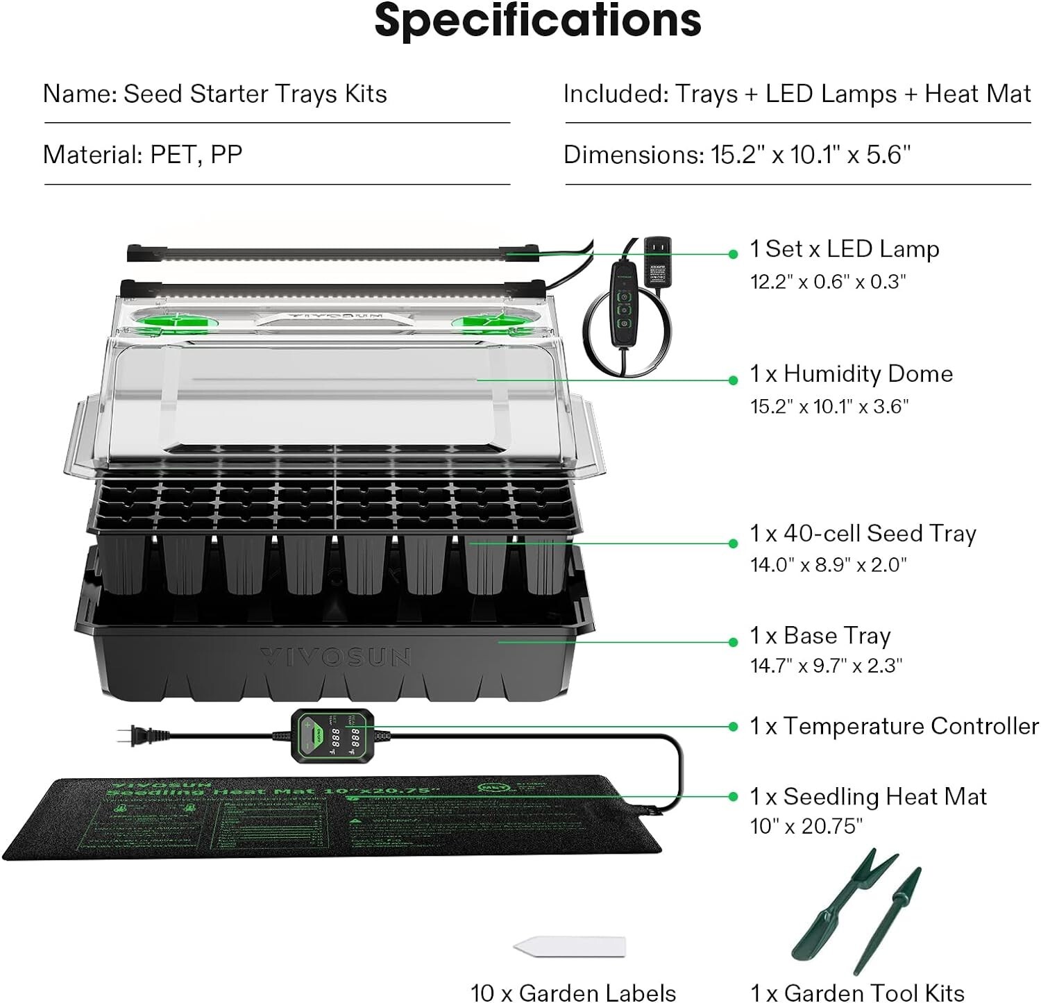 VIVOSUN 1-Pack 40-Cell Seed Starter Trays with 1 Set of LED Lights and 10"x20.75