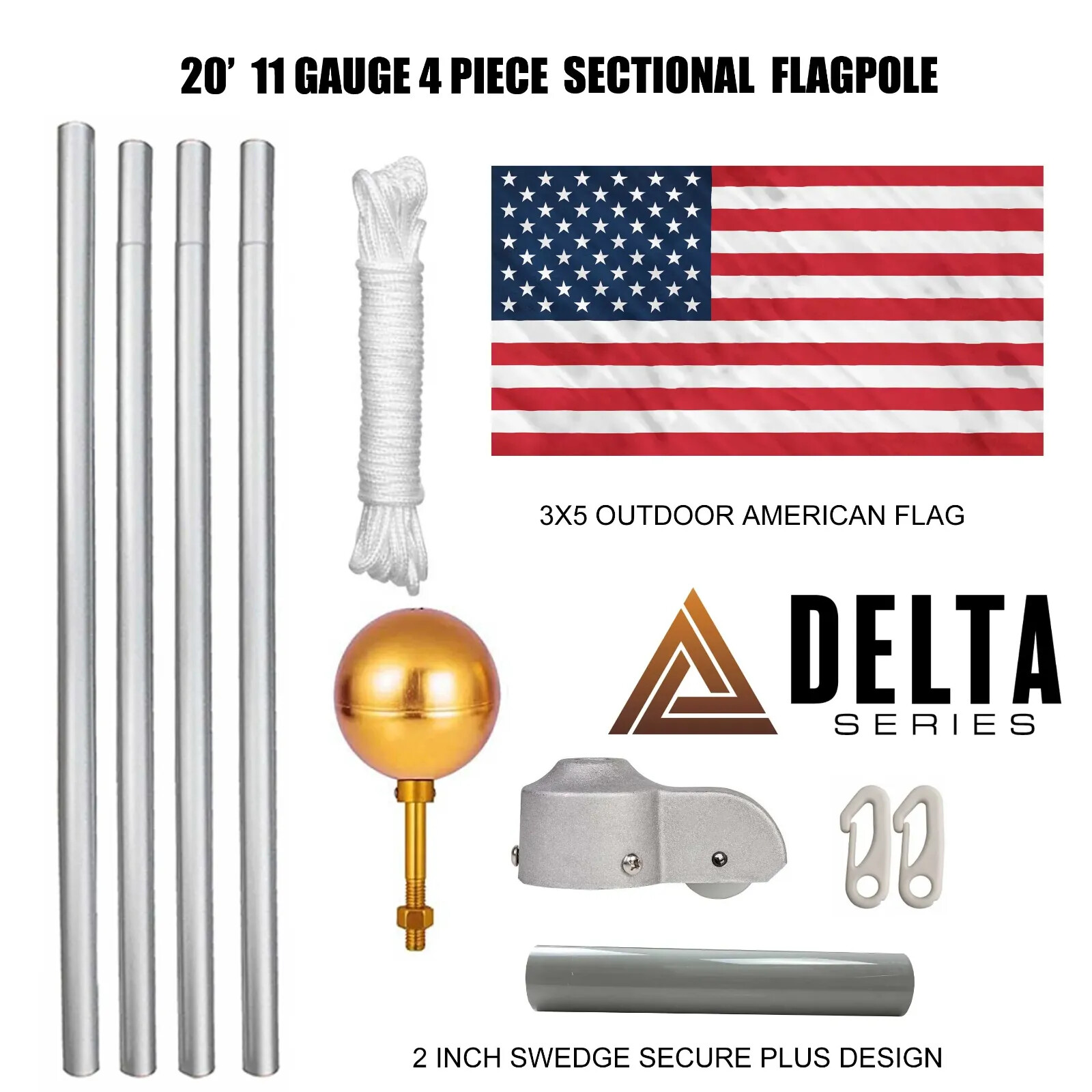 20' Delta SECTIONAL Residential Flagpole (Silver)