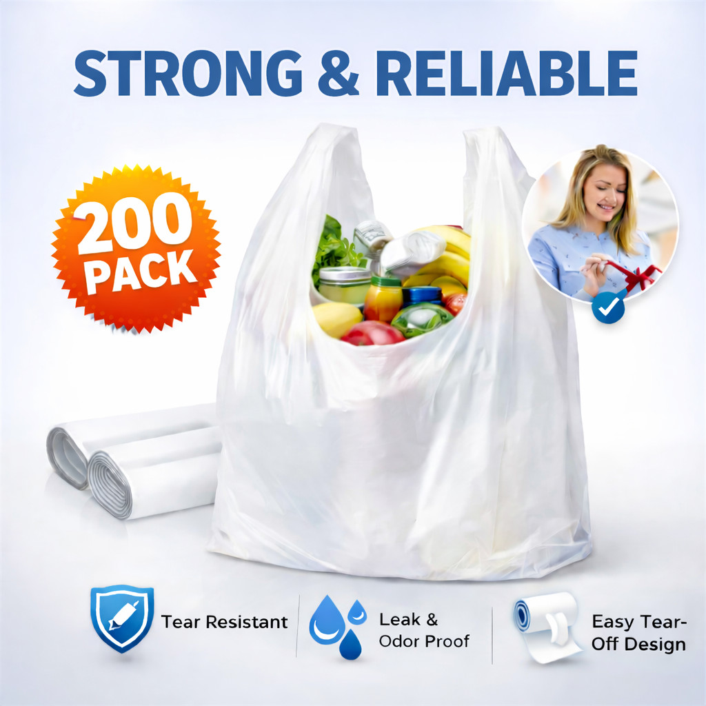 200 White Plastic Shopping Bags Handles Grocery T-Shirt Bag Bulk Heavy Duty