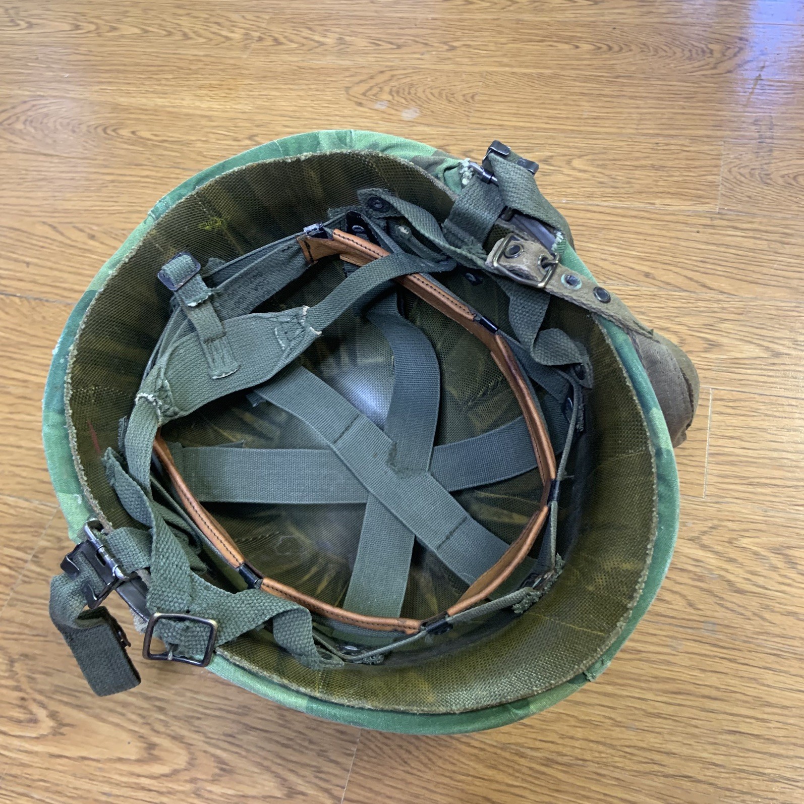 Vietnam War Era U.S. M1 Combat Helmet w/ Reversible Mitchell Camo Cover & Liner