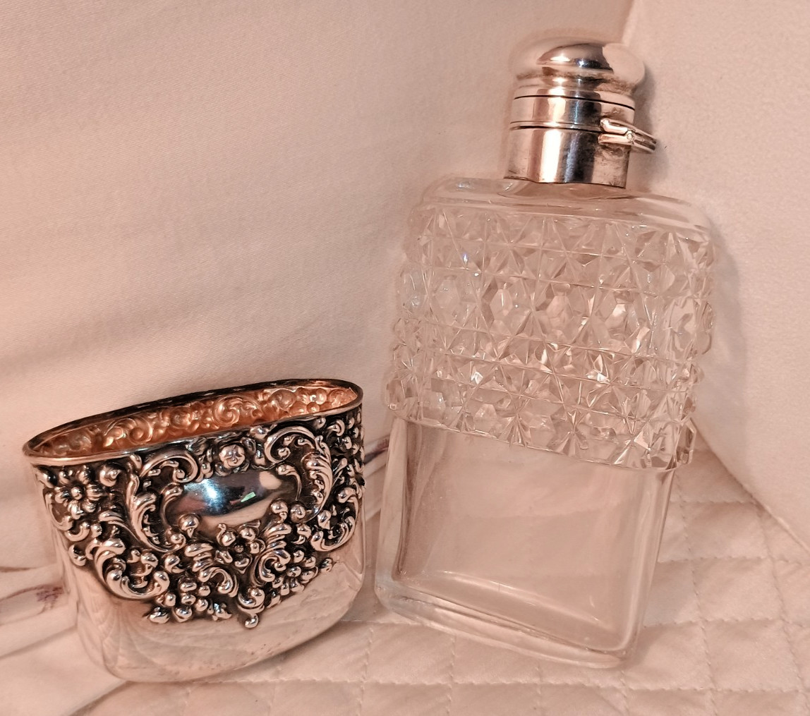 Vintage Crystal Flask w/ Sterling Silver Cup w 3D Repousse & Bayonet Mount Cup