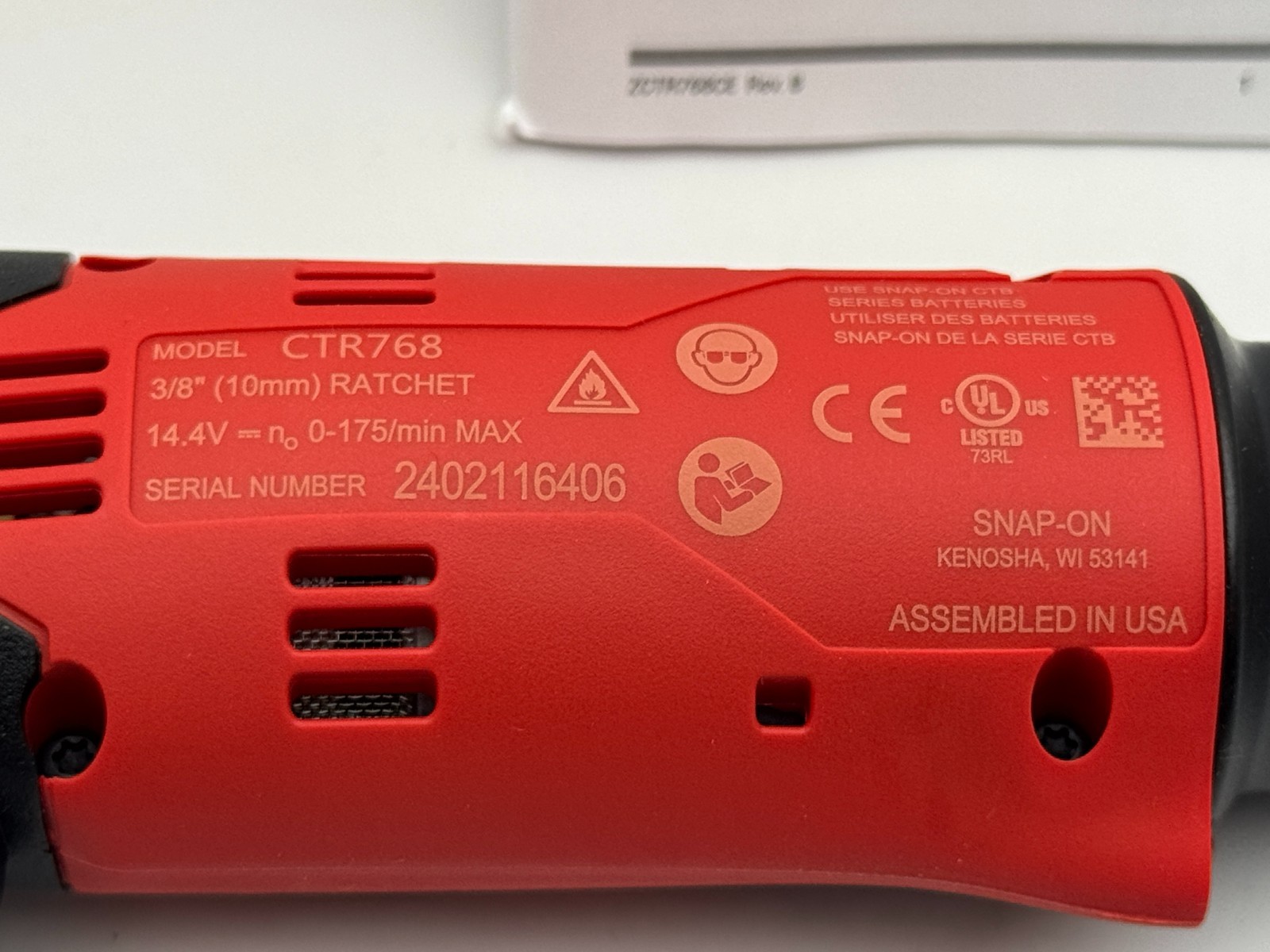 Snap-On NEW CTR768 Red 14.4 Volt 3/8” Drive Long Neck Cordless Ratchet