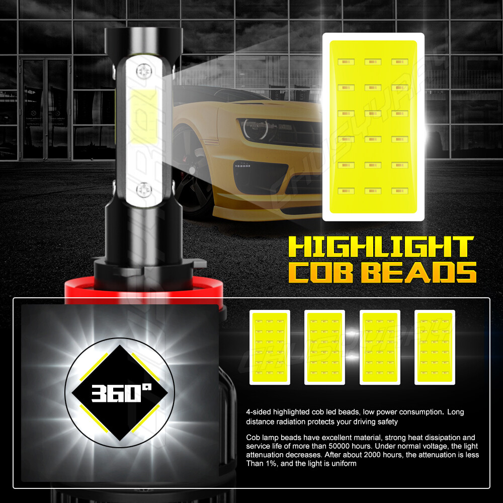 4-Sides H11 LED Headlight Kit Low Beam Bulbs Super Bright 6500K White 380000LM