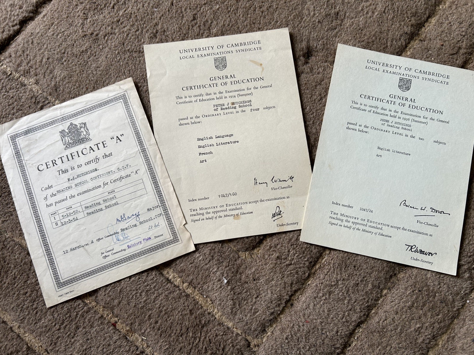 Vintage 1950s READING SCHOOL Cambridge GCE Exam certificates & Army Cadet Cert A
