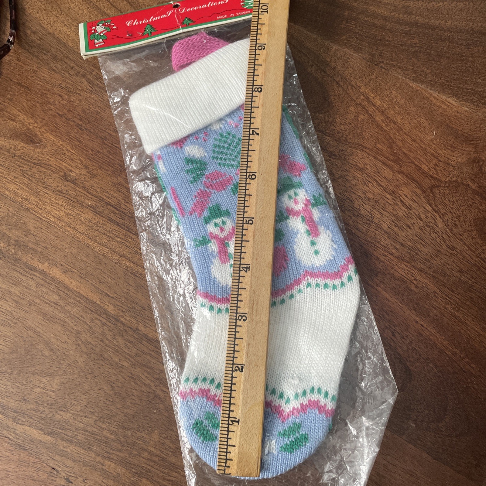 Vintage Christmas Knitted Mini Stocking Ornament Pink Blue 1980s Taiwan Snowman