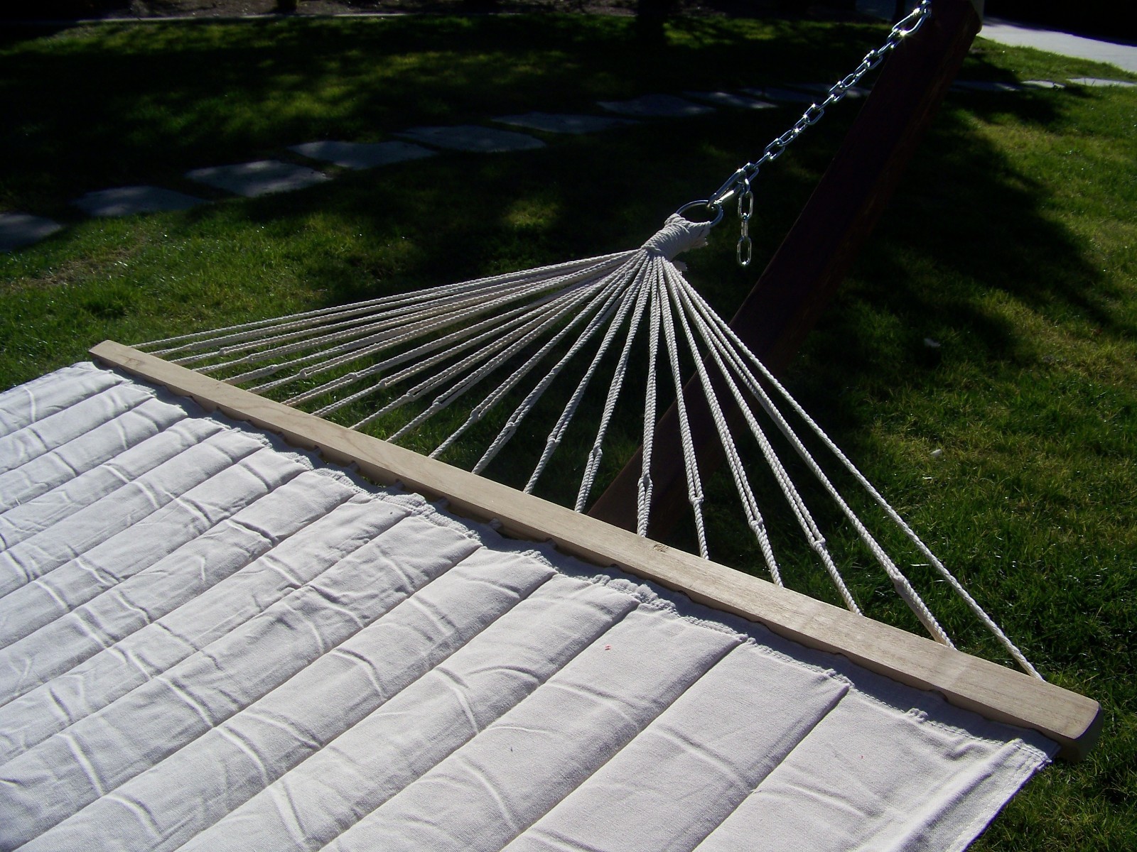 14' Coffee Stain Wooden Arc Hammock Stand + Quilted Beige Color Hammock Bed.