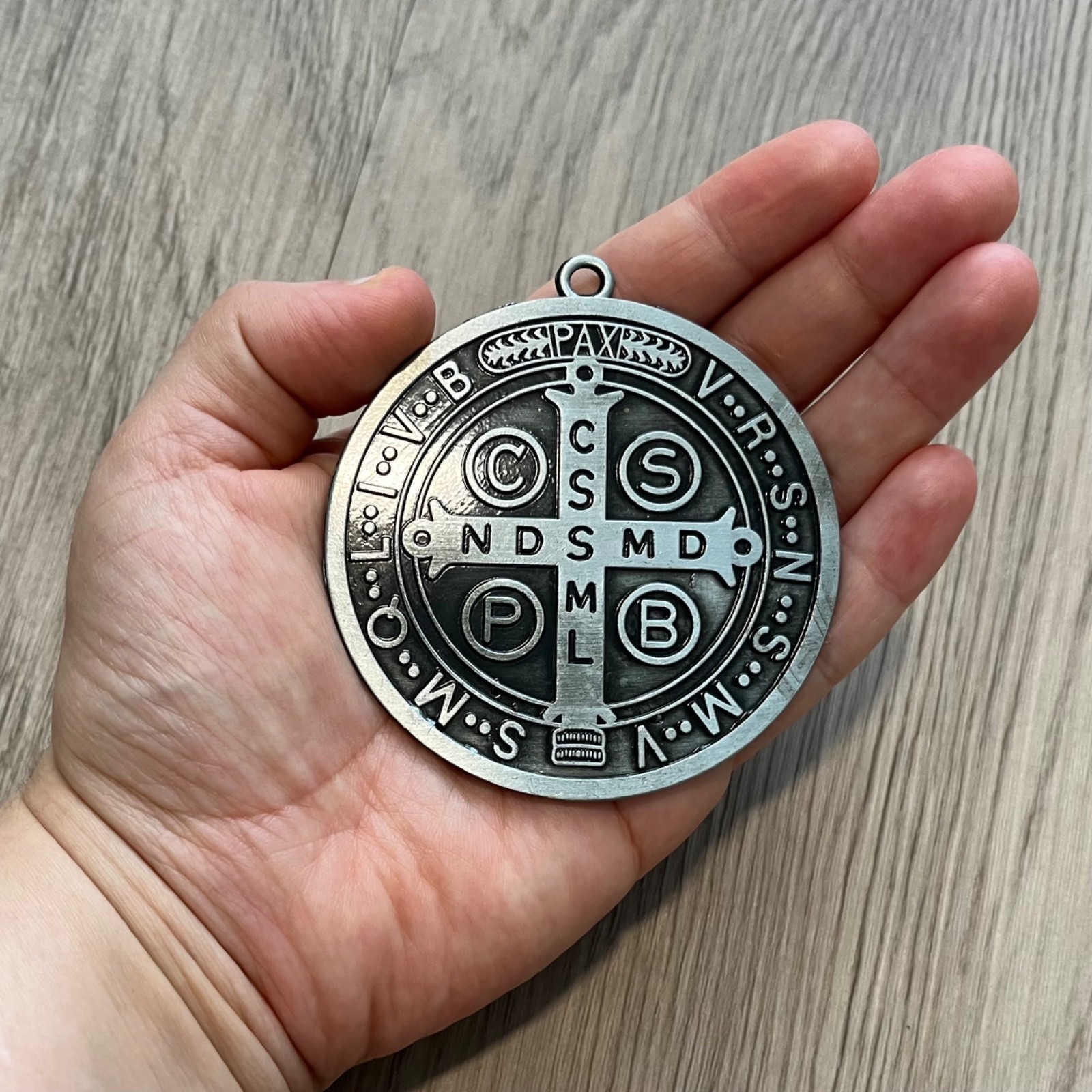 Catholic St Benedict Large Medal Antique Silver Tone Medalla Medallón San Benito