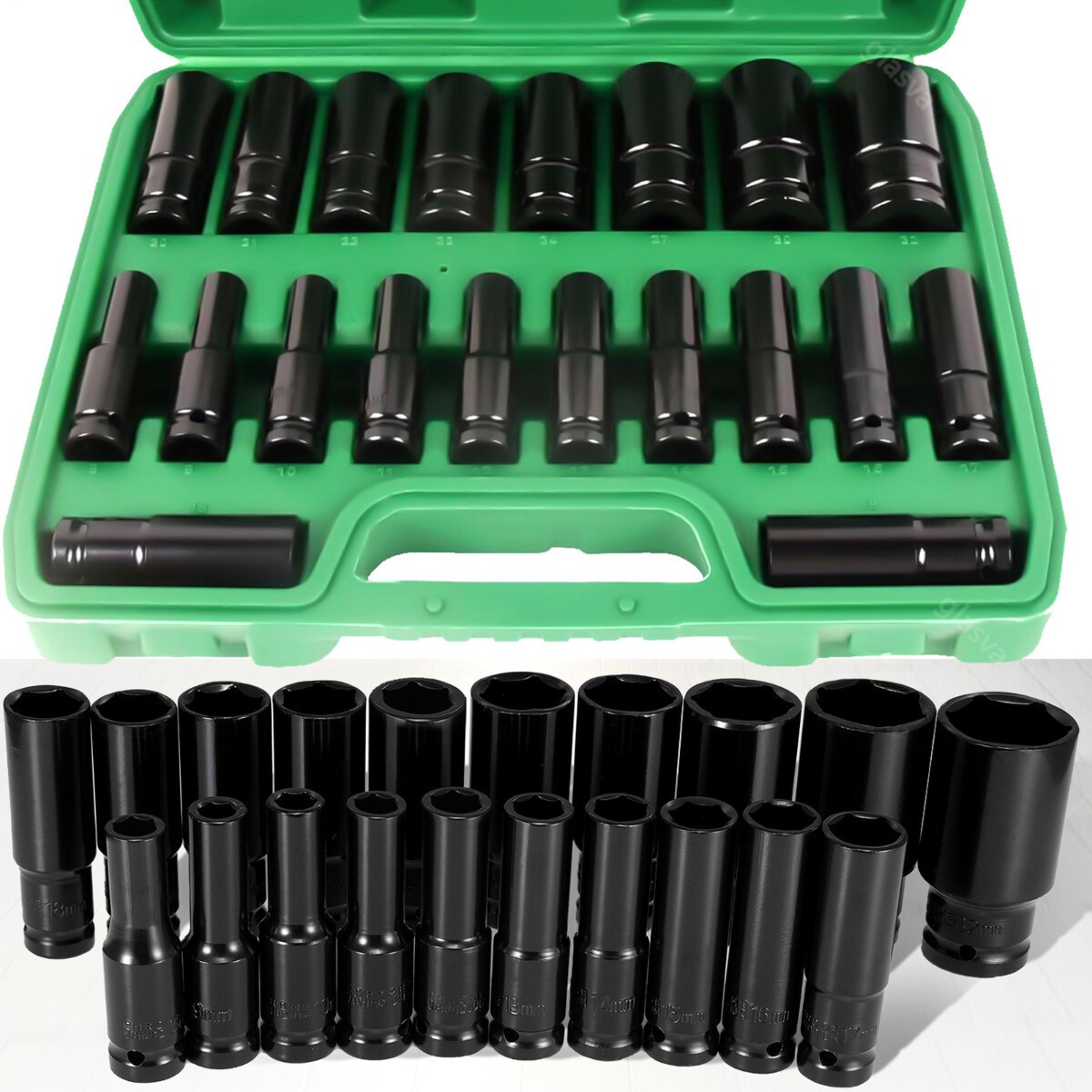 20PCS 1/2''Deep Impact Sockets Set Drive Metric 8mm-32mm Deep 6-Point Set w/case