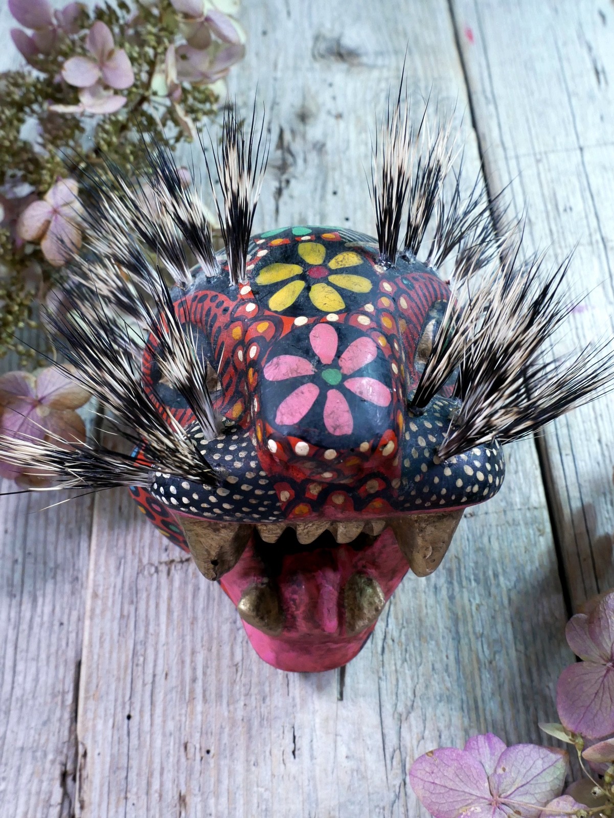 Leopard Jaguar Mask Wood & Boar Hair Whiskers Handmade Nahua Mexican Folk Art Sm