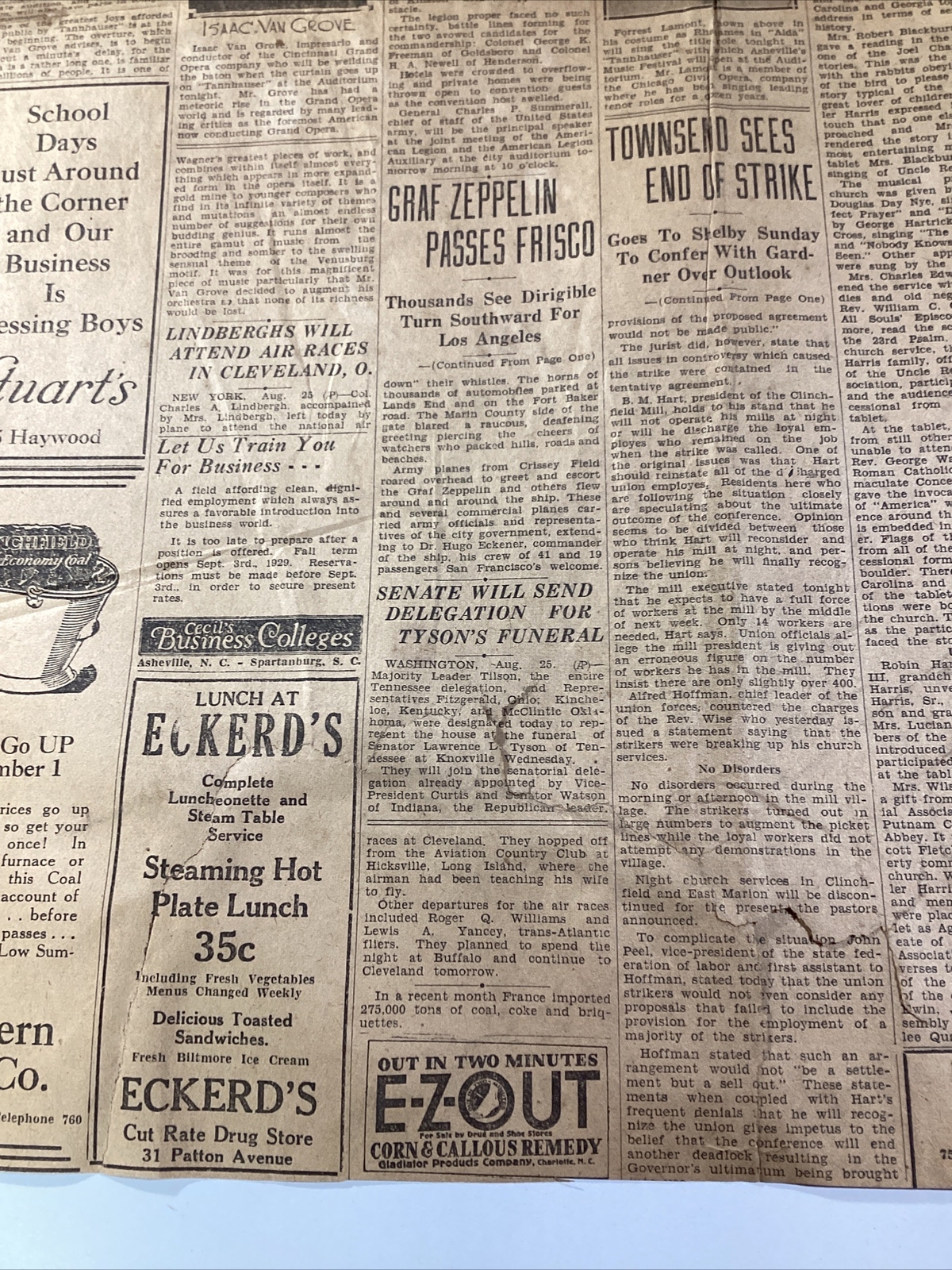 Ashville NC Newspaper Aug 26, 1929 Opera Zeppelin Israel Uncle Remus Great Ads!