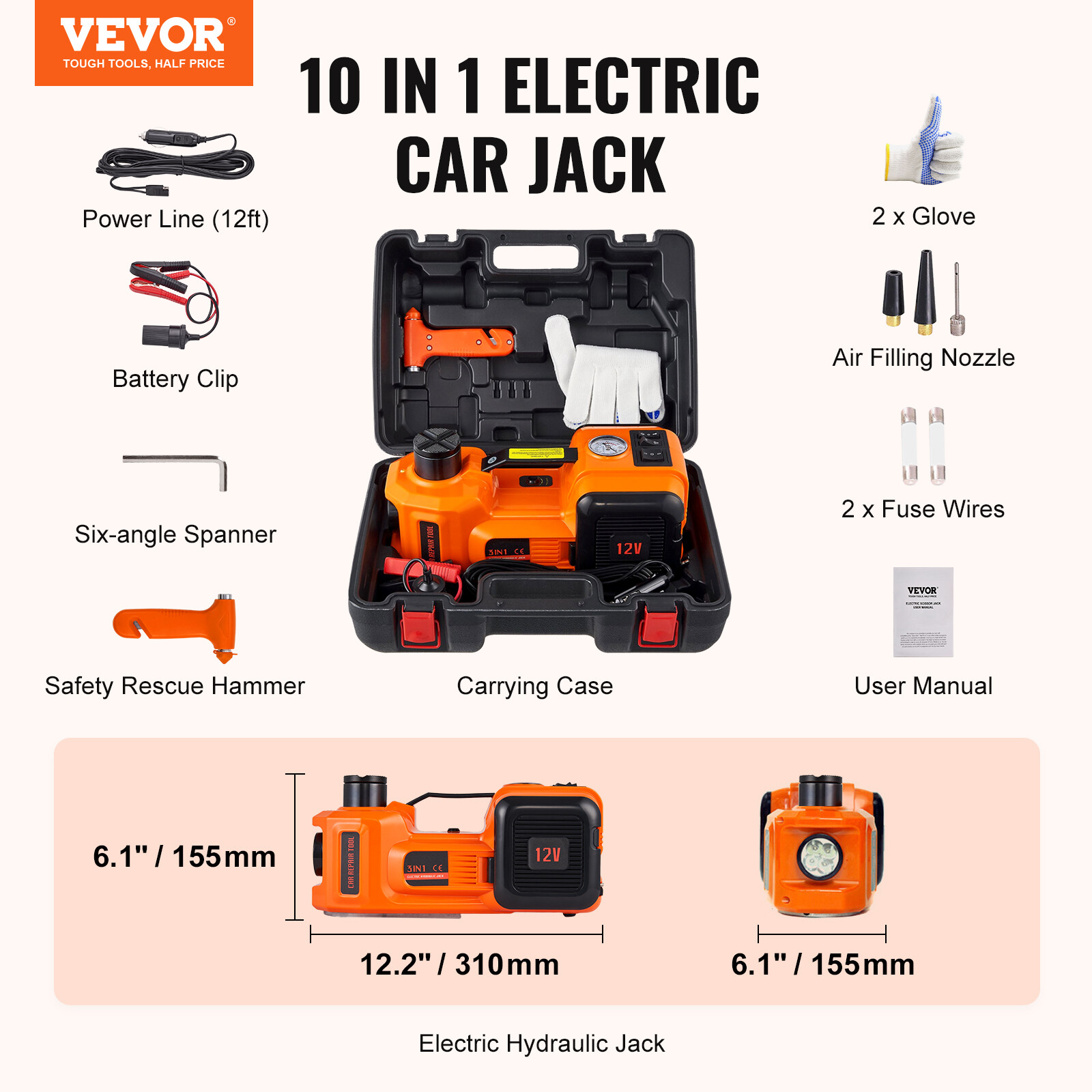 VEVOR 5 Ton 12V Electric Car Floor Jack Hydraulic w/Built-in Tire Inflator Pump