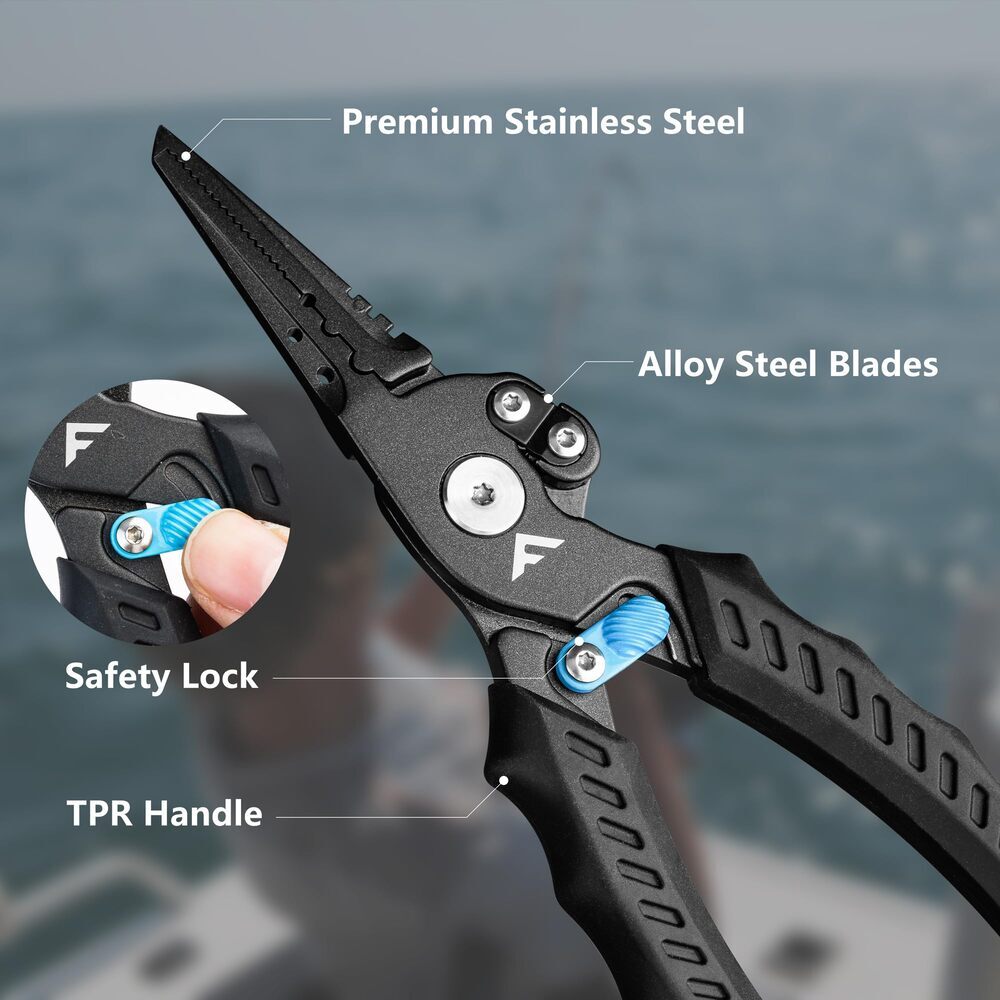 FLISSA 7-1/2" Fishing Pliers Safety Lock Design Fish Pliers Saltwater TPR Handle
