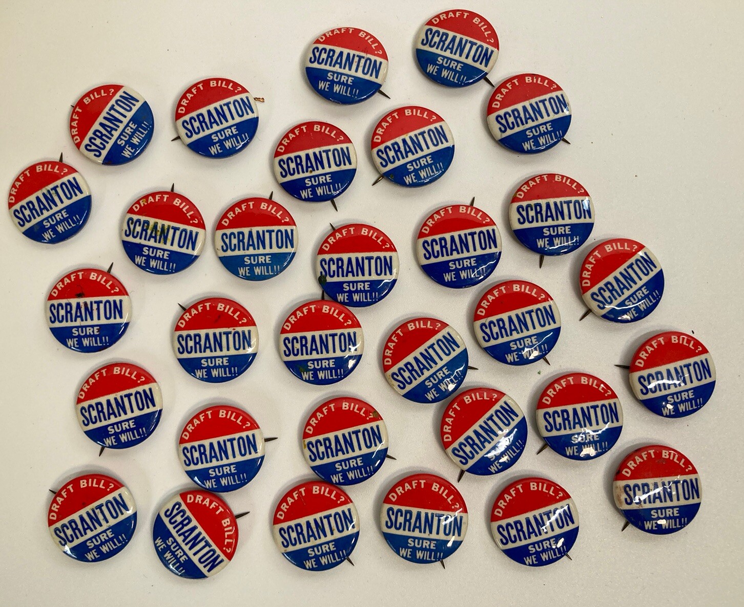 30 Political Pin Back Buttons: DRAFT BILL ~ SURE WE WILL!! SCRANTON