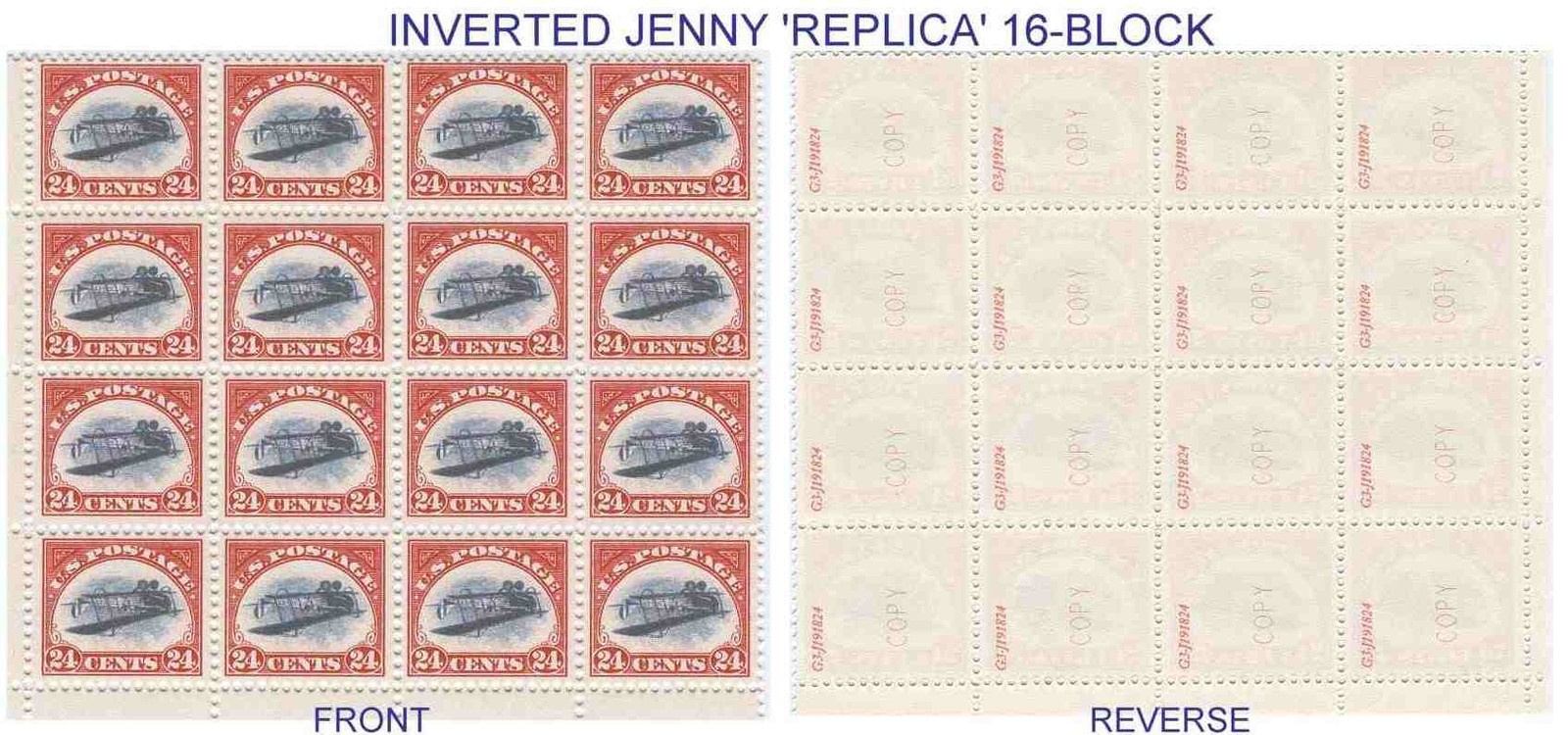 1918 INVERTED JENNY #C3a 16-BLOCK REPRODUCTION