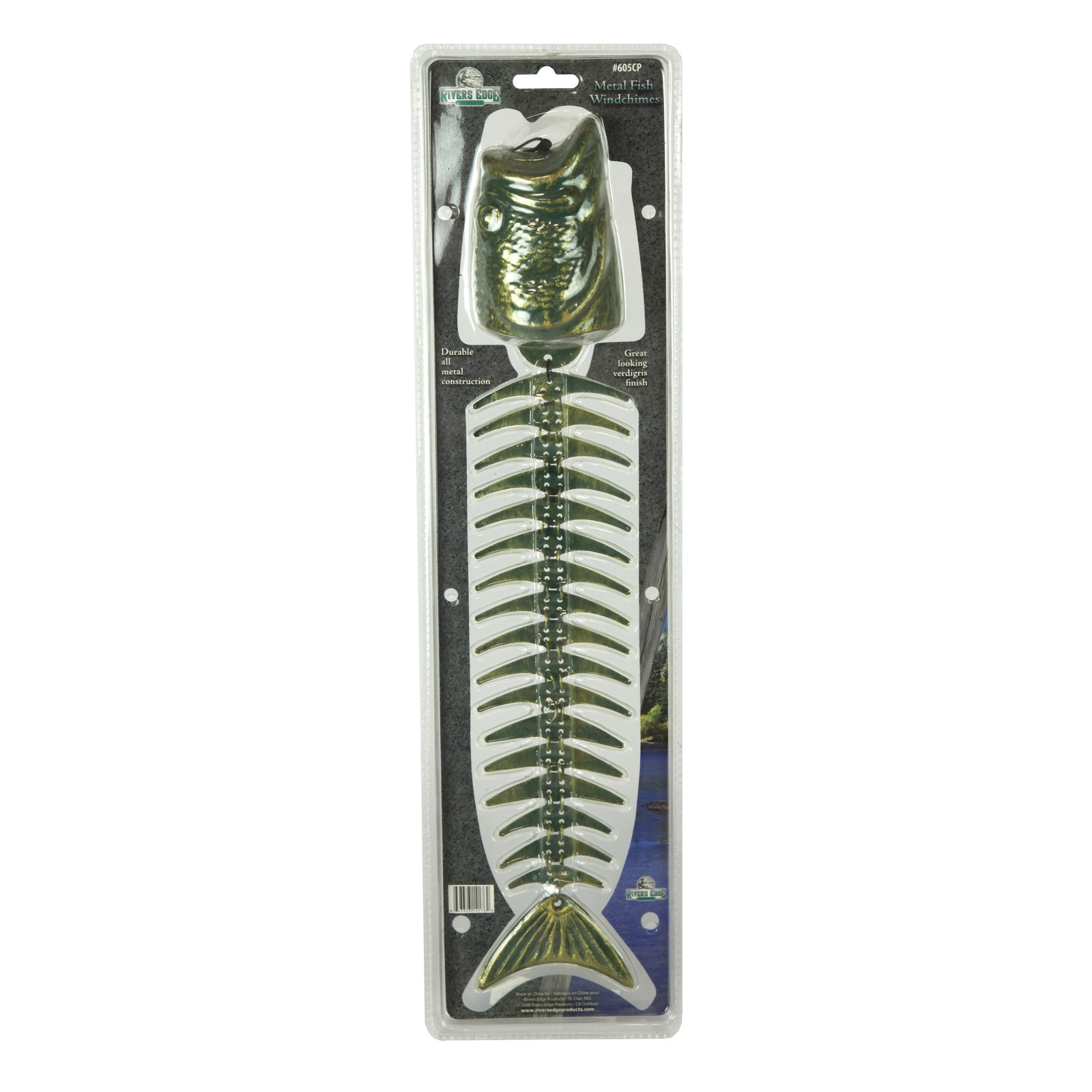 River's Edge Products Fishbone Wind Chime, Fish Skeleton Wind Bell with Patina