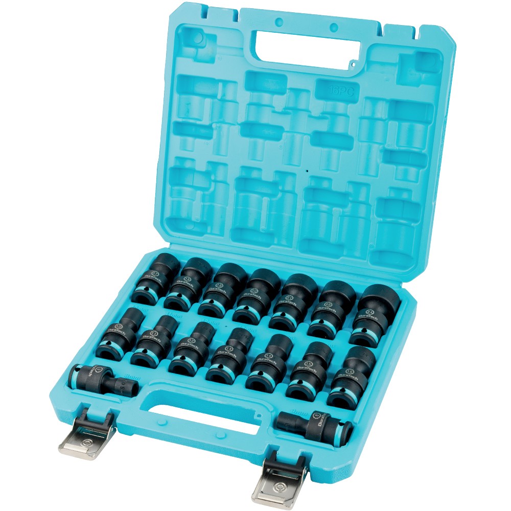 DURATECH 16PC 3/8" Drive Shallow Impact Swivel Socket Set Wobble Metric 8mm-24mm
