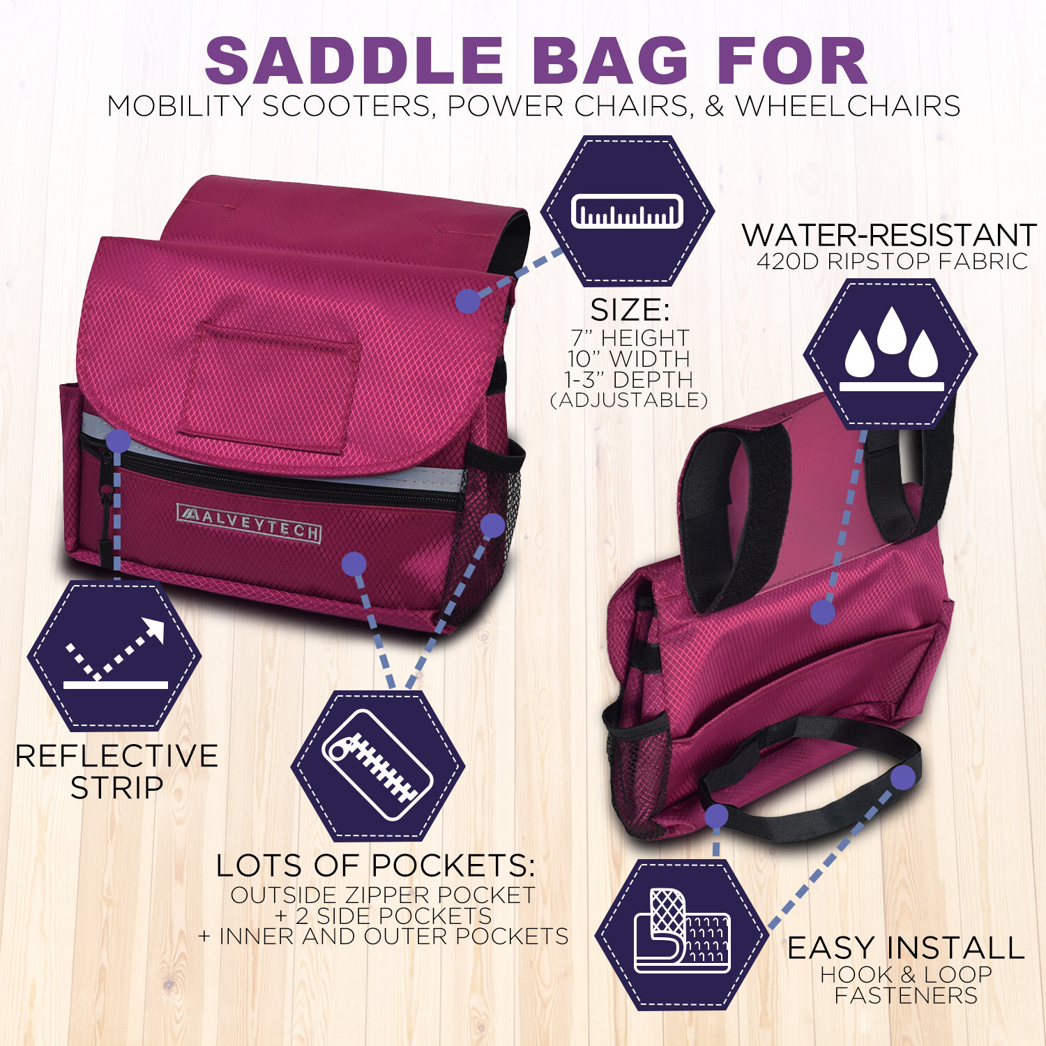 Saddle Bag for Mobility Scooter, Wheelchair, and Power Chair (Small, Berry)