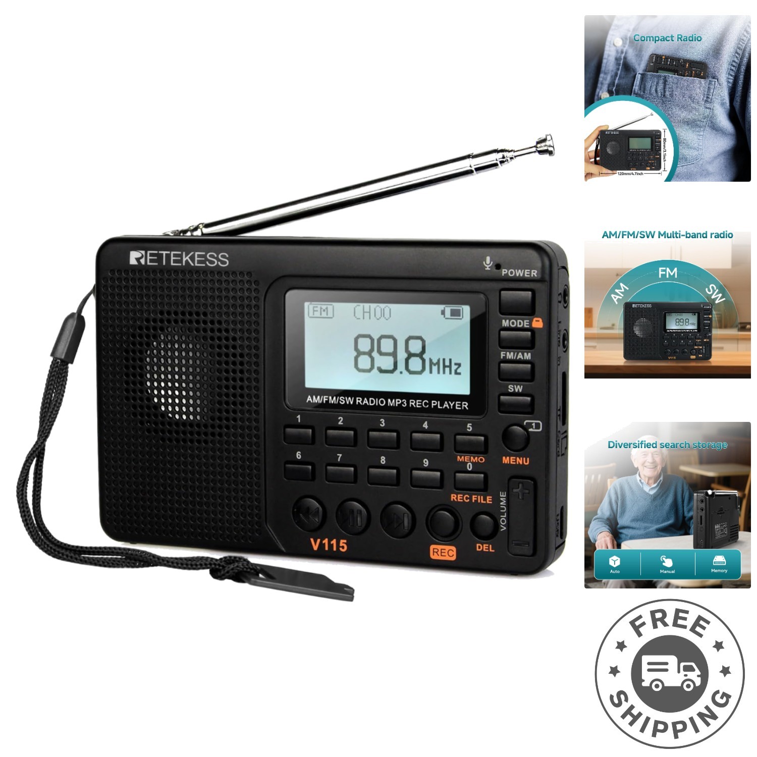 Portable V115 Shortwave Digital Radio with Preset Stations & Telescopic Antenna