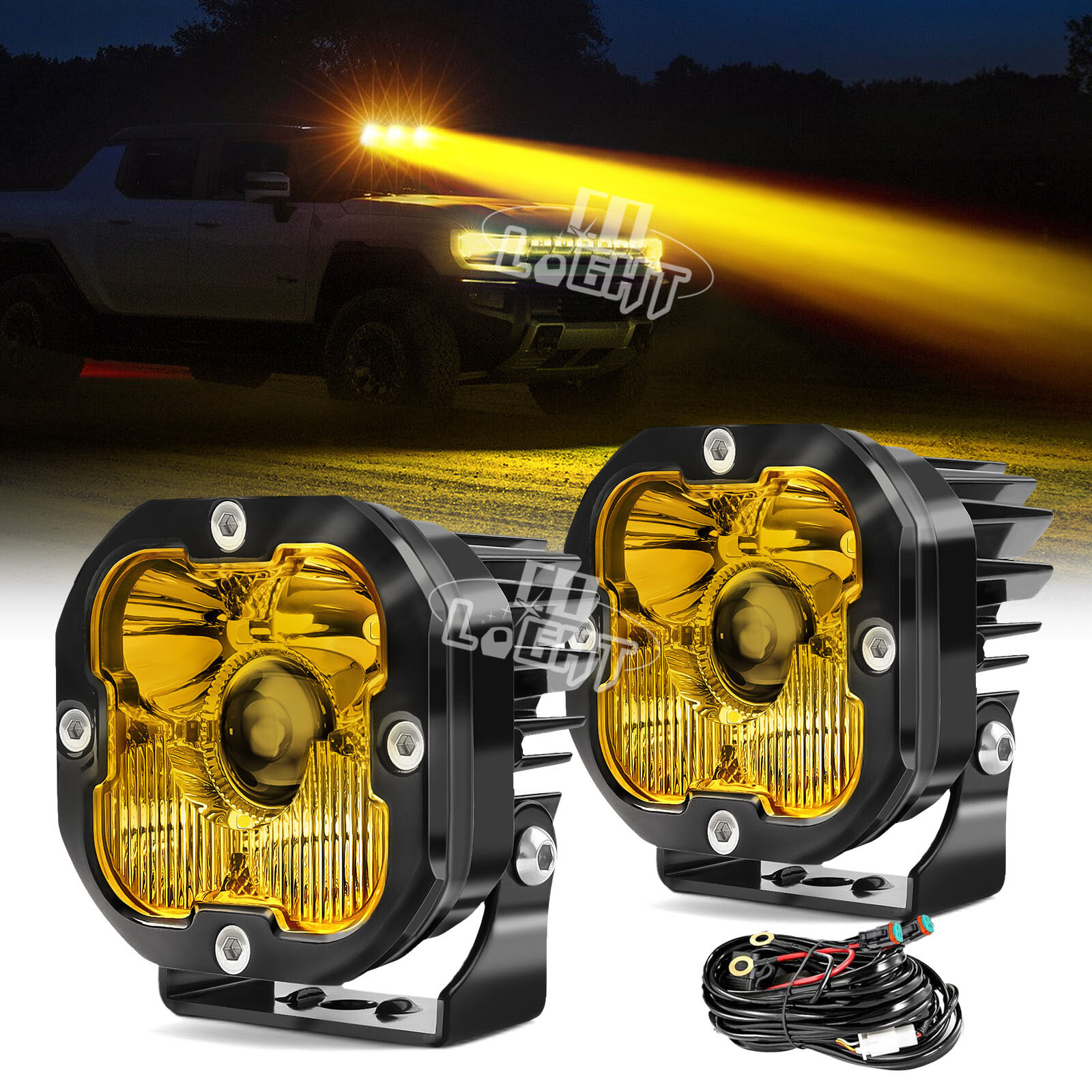 2X 3inch Amber Laser LED Driving Lights Combo Offroad Fog w/ Wire Truck SUV 4X4