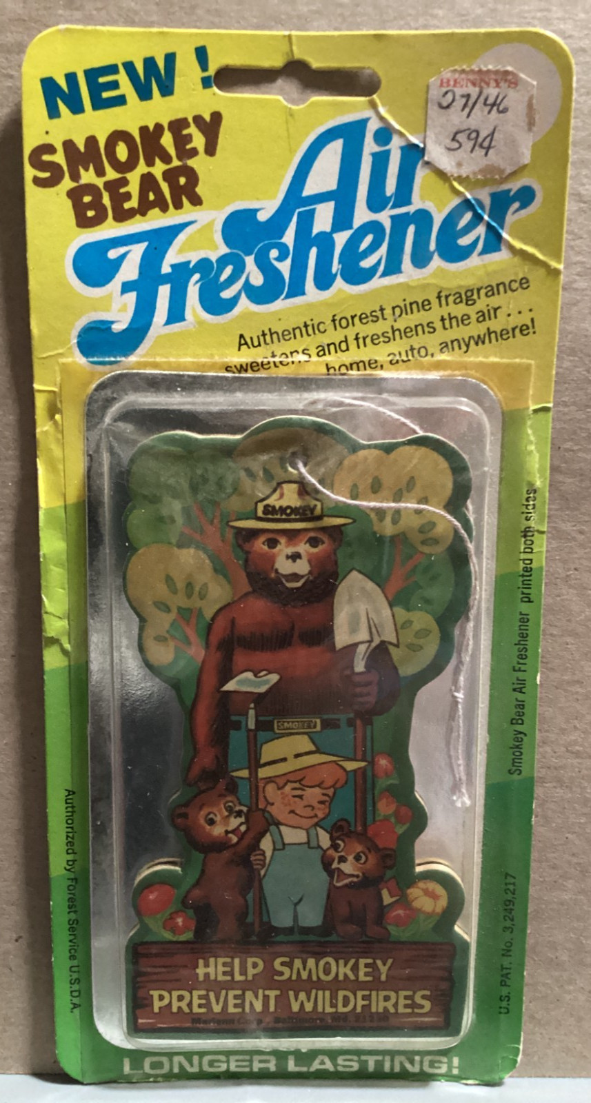 VINTAGE SMOKEY THE BEAR AUTO AIR FRESHENER CONSERVATION PLEDGE FIREFIGHTING CAR