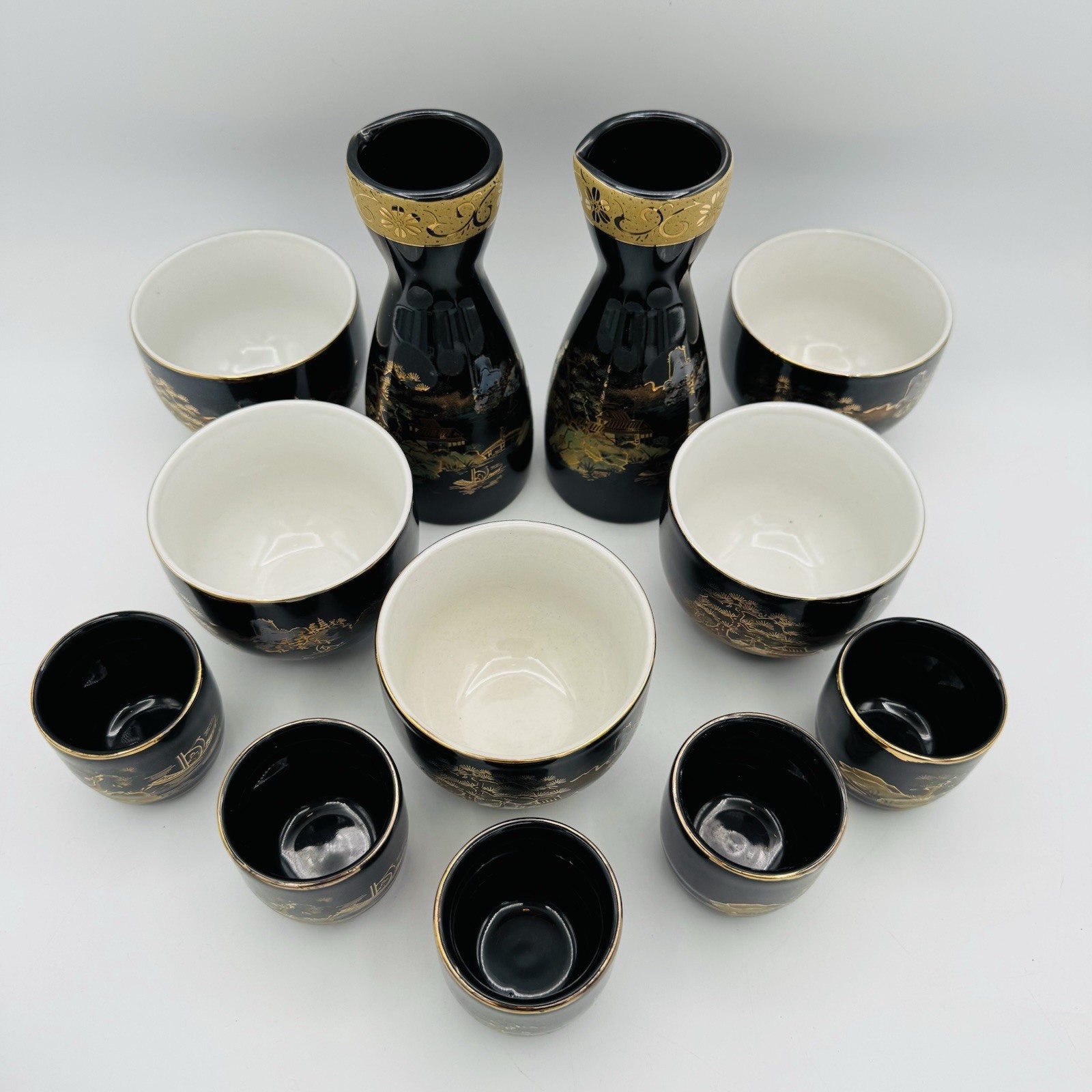 Osaka Japanese Sake Set with 2 Pitchers and 10 Cups, Black Gold