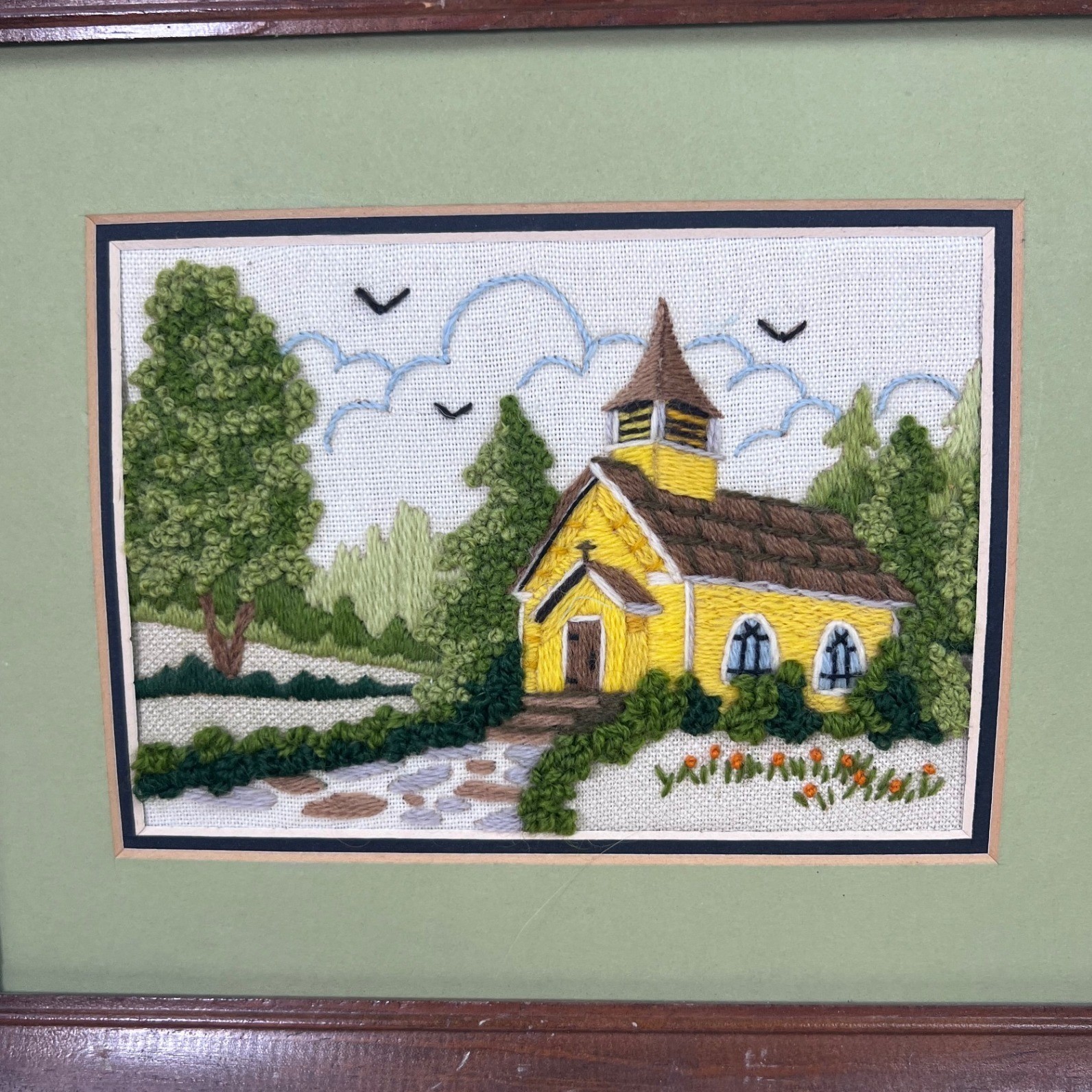 Vintage Crewel Embroidery Completed Woodside Church Framed 5x7 1980's Handmade