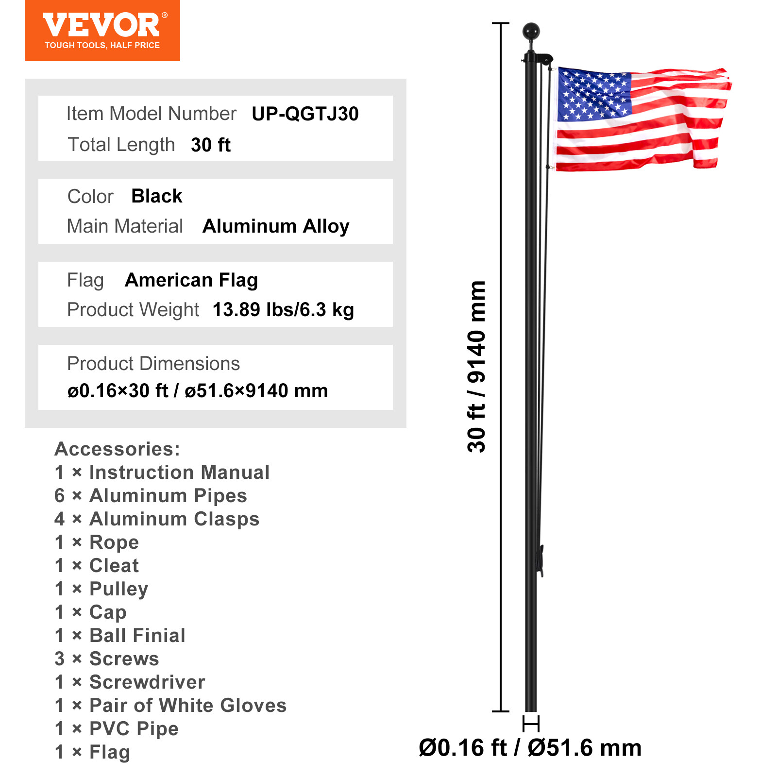VEVOR 30FT Detachable Flagpole Kit Heavy Duty Aluminum Flag Pole American Black
