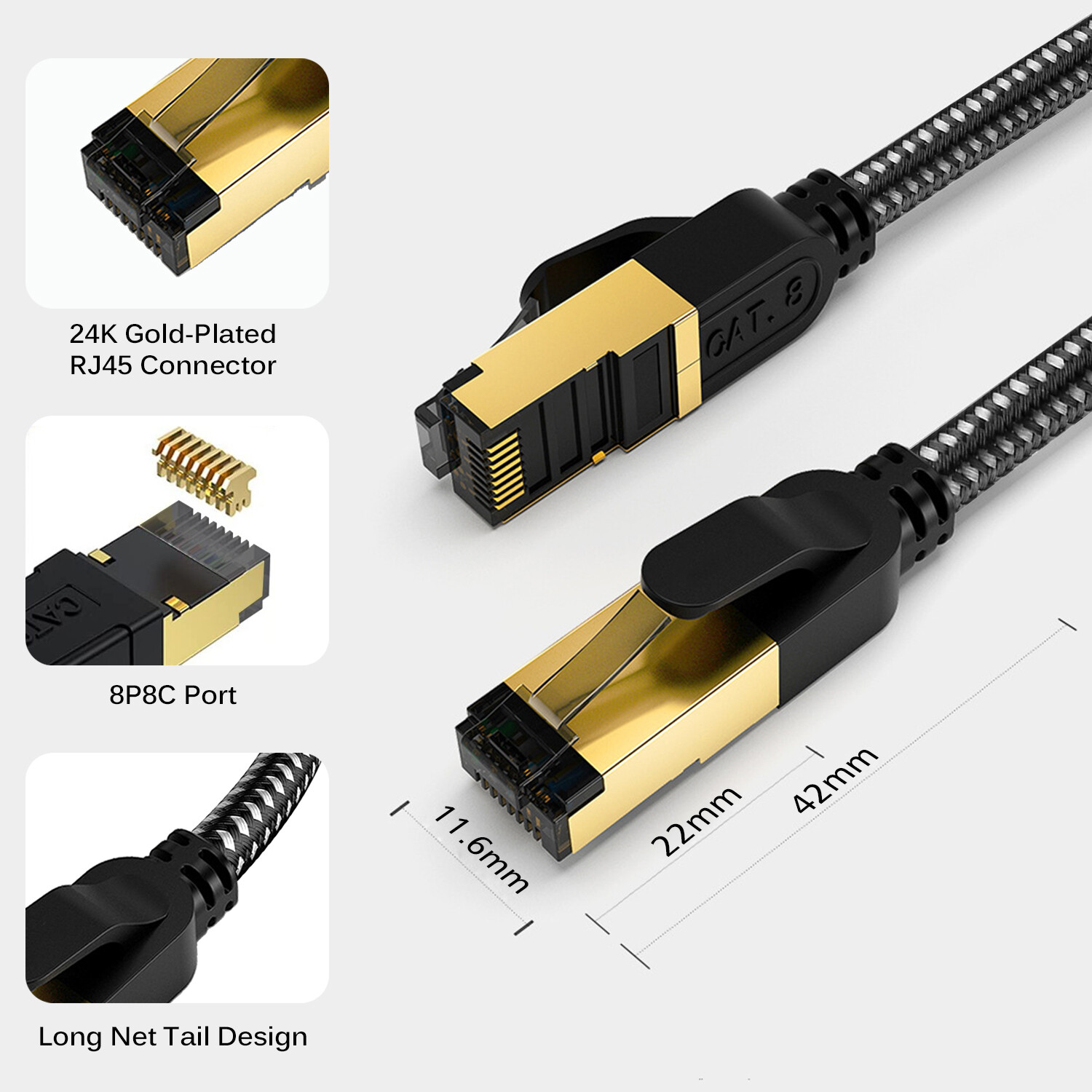 Cat 8 Ethernet Cable Braided 40Gbps 2000Mhz CAT8 Network Cord RJ45 LAN Cables