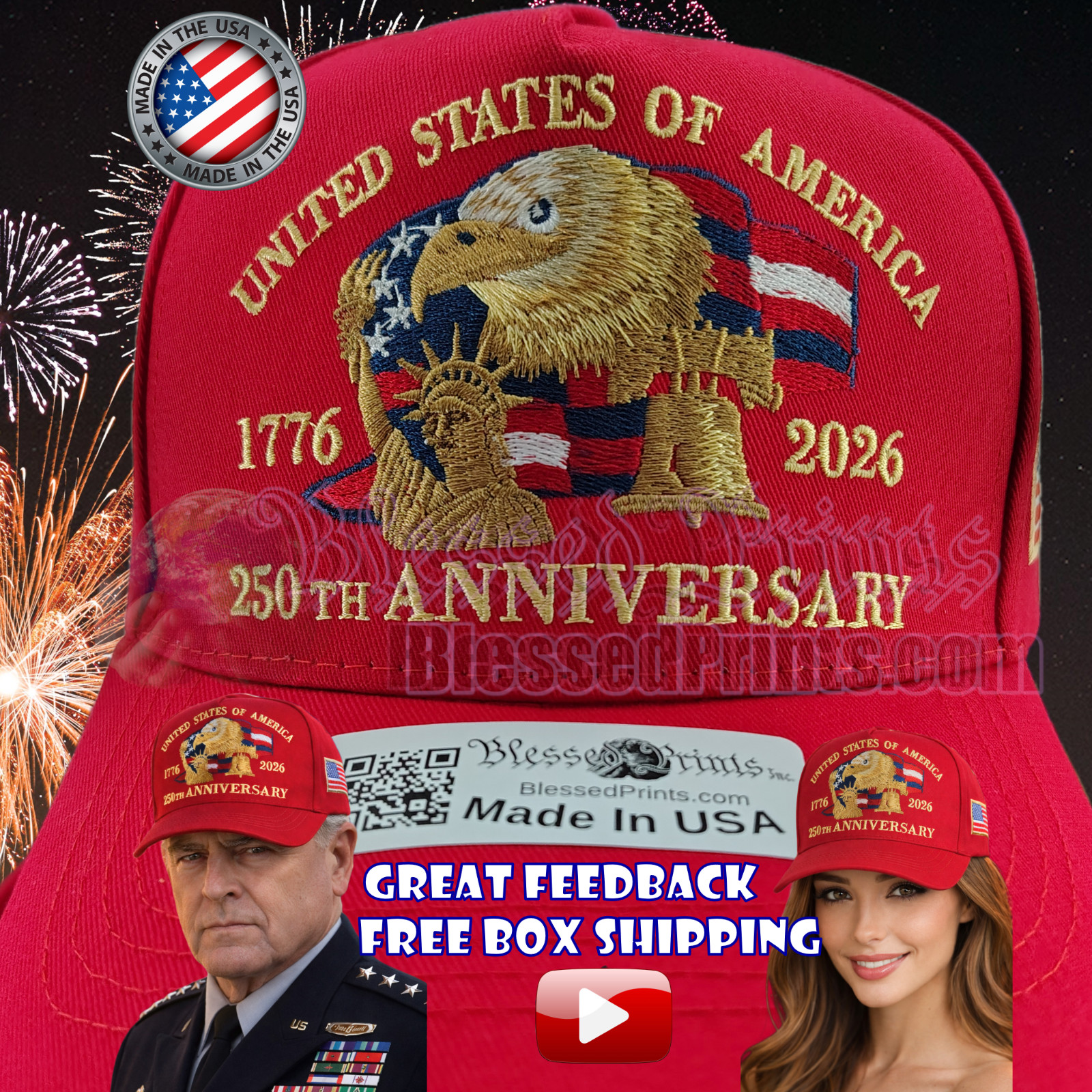 USA 250th Anniversary Hat Cap Eagle 1776 2026 RED Veteran Gift Made In USA V1.0
