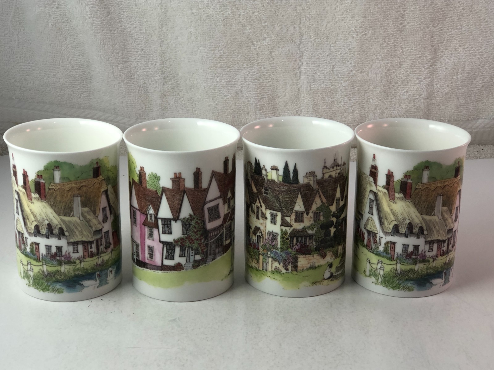 Set of 4 Dunoon Village Greens Bone China Coffee Cups Mugs Sue Scullard England