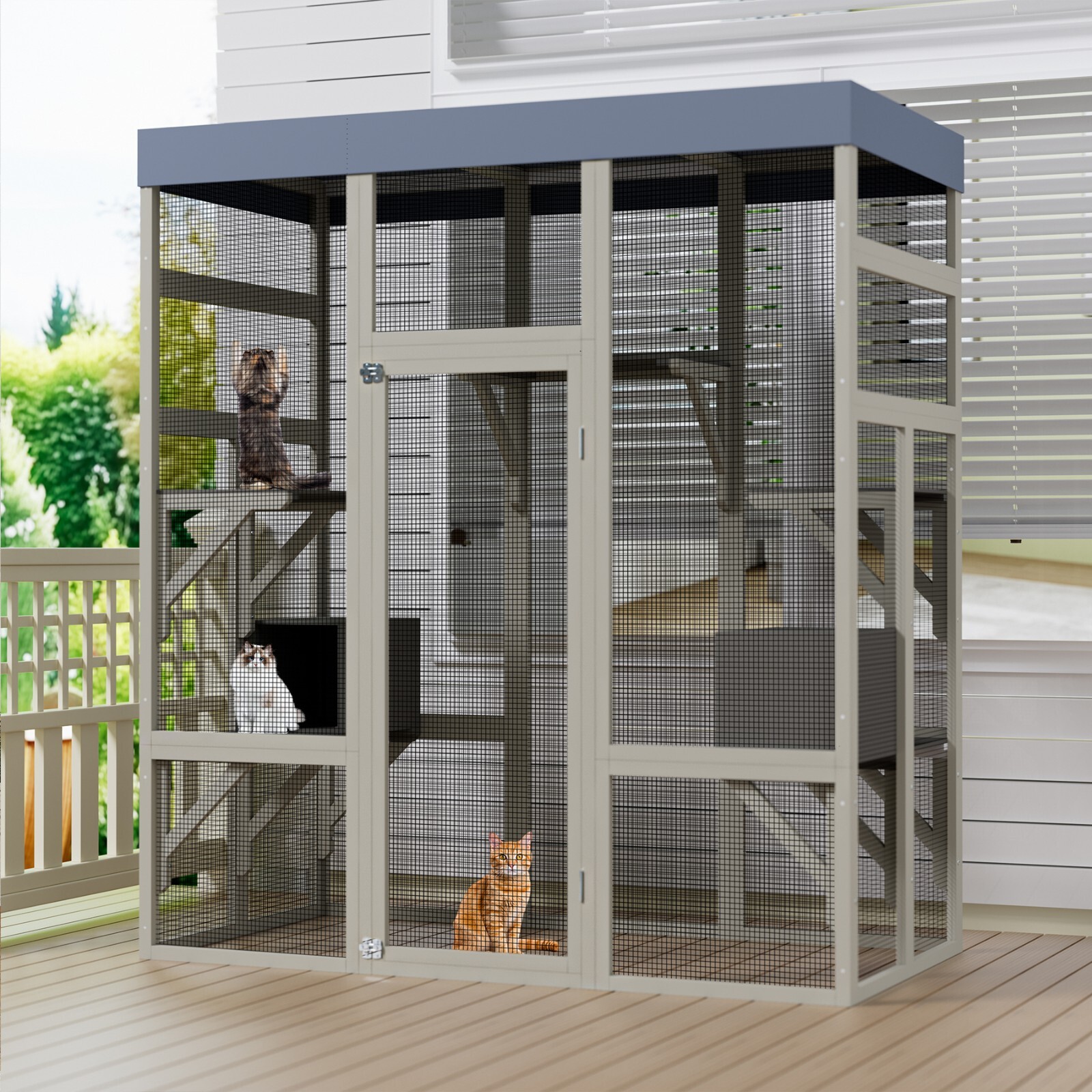 70.1" H Outdoor Cat House Enclosure Catio Wooden Large Cage Pet with Platforms
