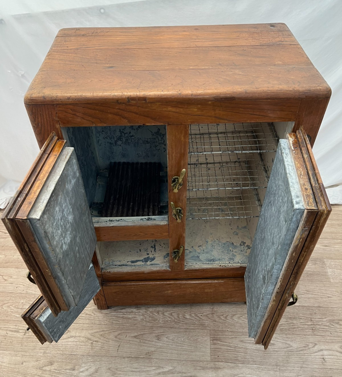 Antique Ice Box Three storage cabinets, Oak, Brass latches, Three Racks, 1920's