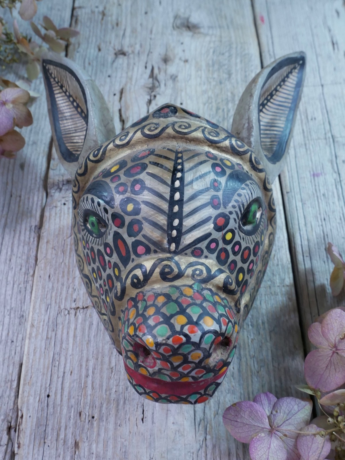 Donkey Mule Wood Mask Handmade Guerrero Mexican Folk Art Distressed to Look Old