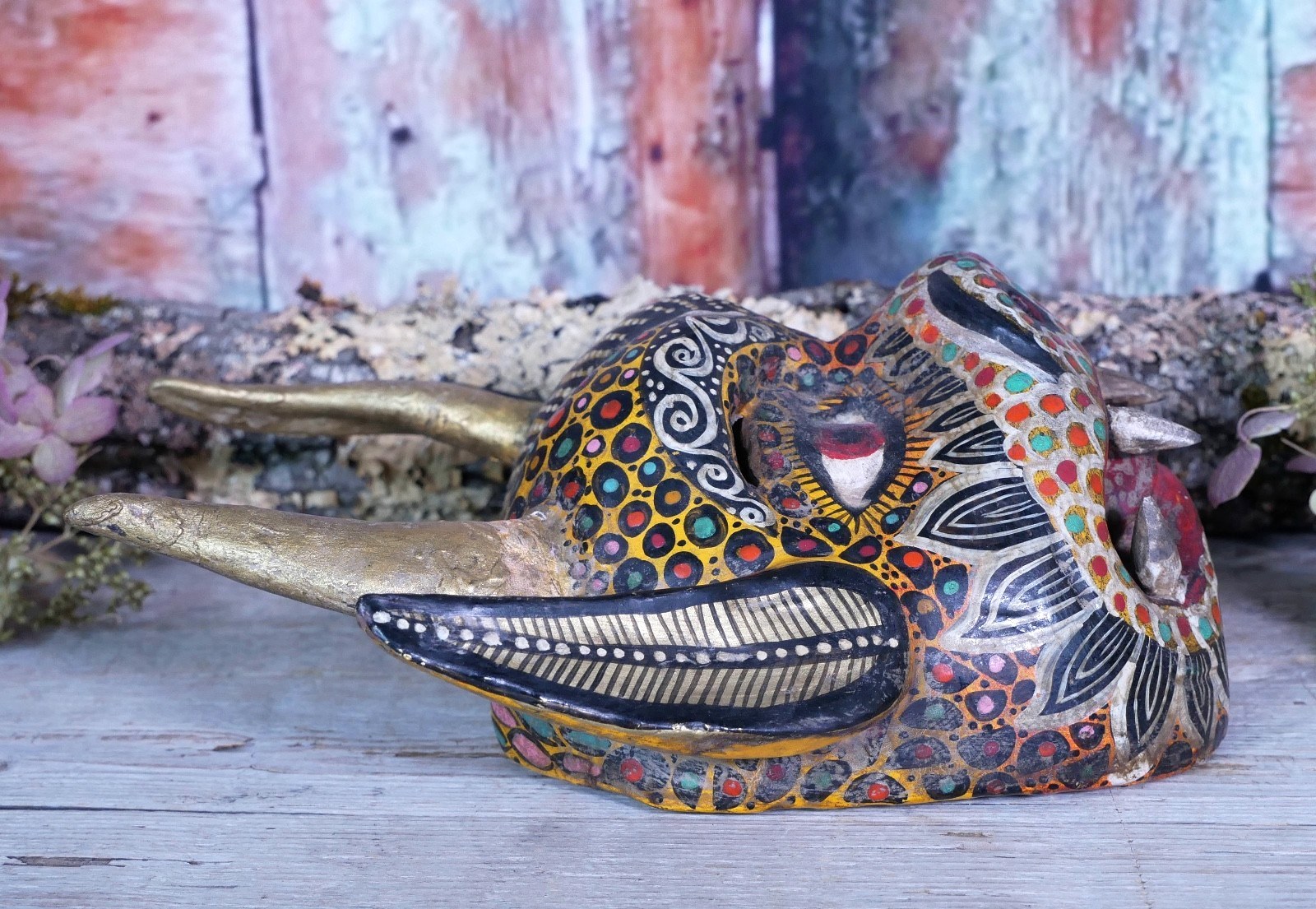 Devil Demon Wood Mask Real Goat Horns Handmade Guerrero Nahua Mexican Folk Art