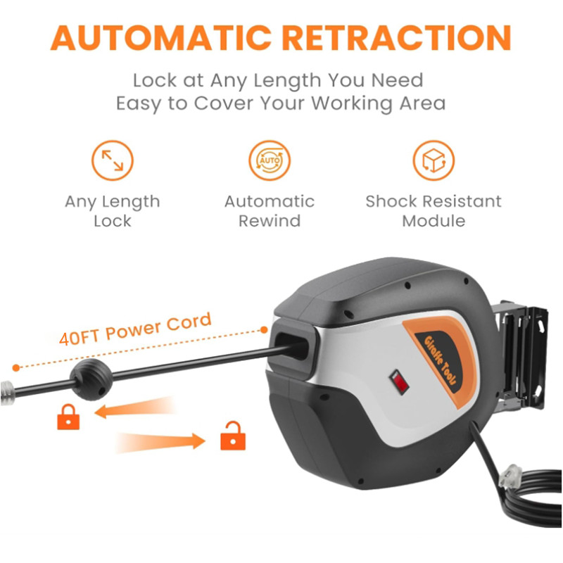 Giraffe Tools Electric Cord Reel Retractable Extension Power Cord 12AWG/3C SJTOW