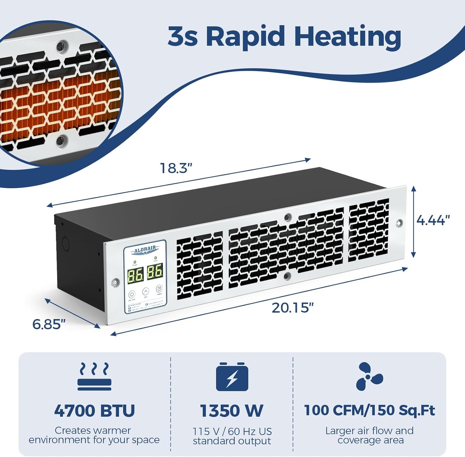 Alorair WarmHub 15 1350W Electric Kickspace, Toe Kick Heater w/ Remote & Timer