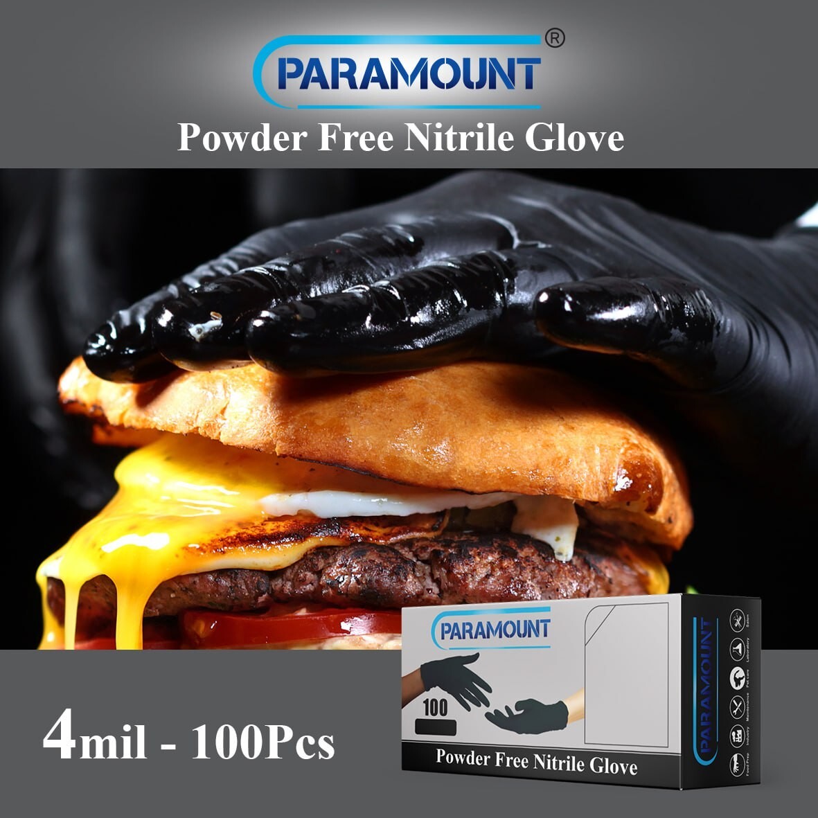 PARAMOUNT® Black Disposable Exam Nitrile Gloves Powder Free 4mil 2000 PCS S-XL