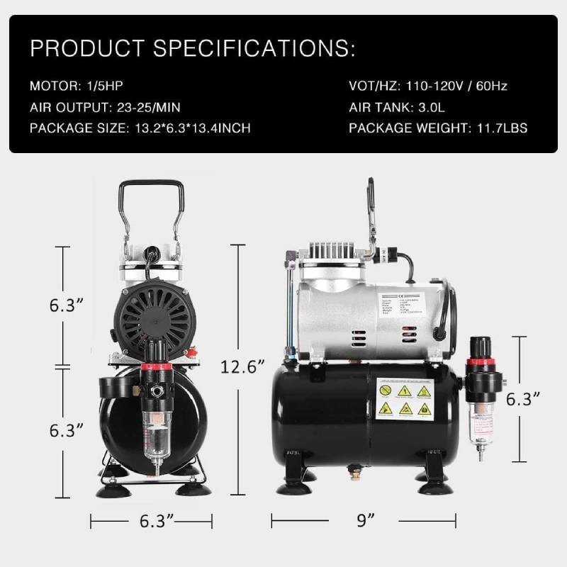 Dual Action Airbrush Kit 110-120V W/ 1/5 HP Air Compressor Tattoo Nail Paint Art