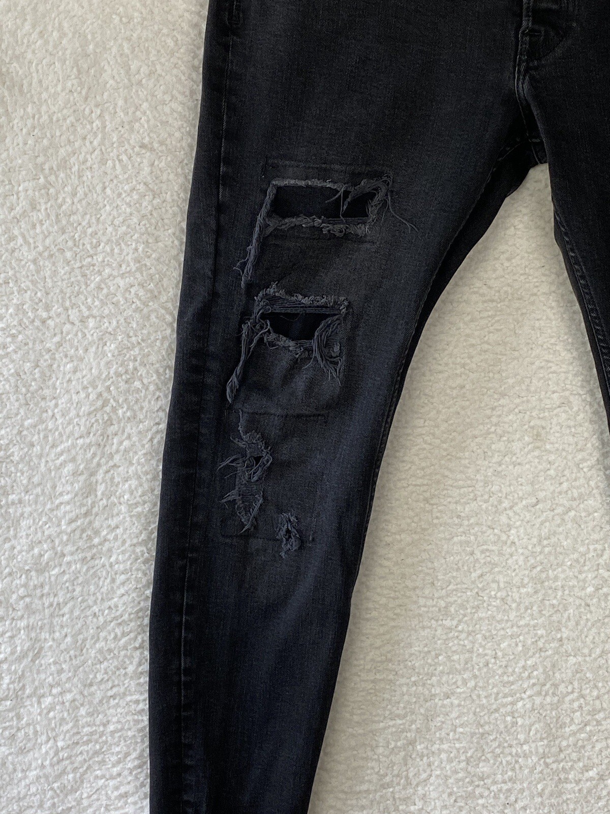 Zara Destressed Jeans Womens 34 Button Fly Cropped Black Skinny Raw Hem Mid Rise