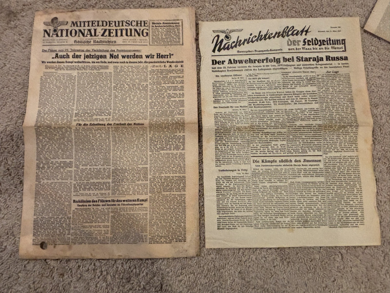 WW2 Period German Newspapers February 26, 1945 and March 31, 1943