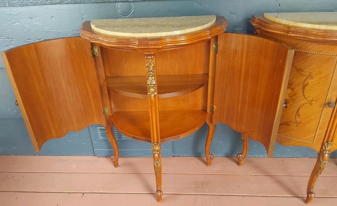 Vintage French Demilune Inlayed Wood End Tables w/Marble Tops 30 Tall X 23" Wide
