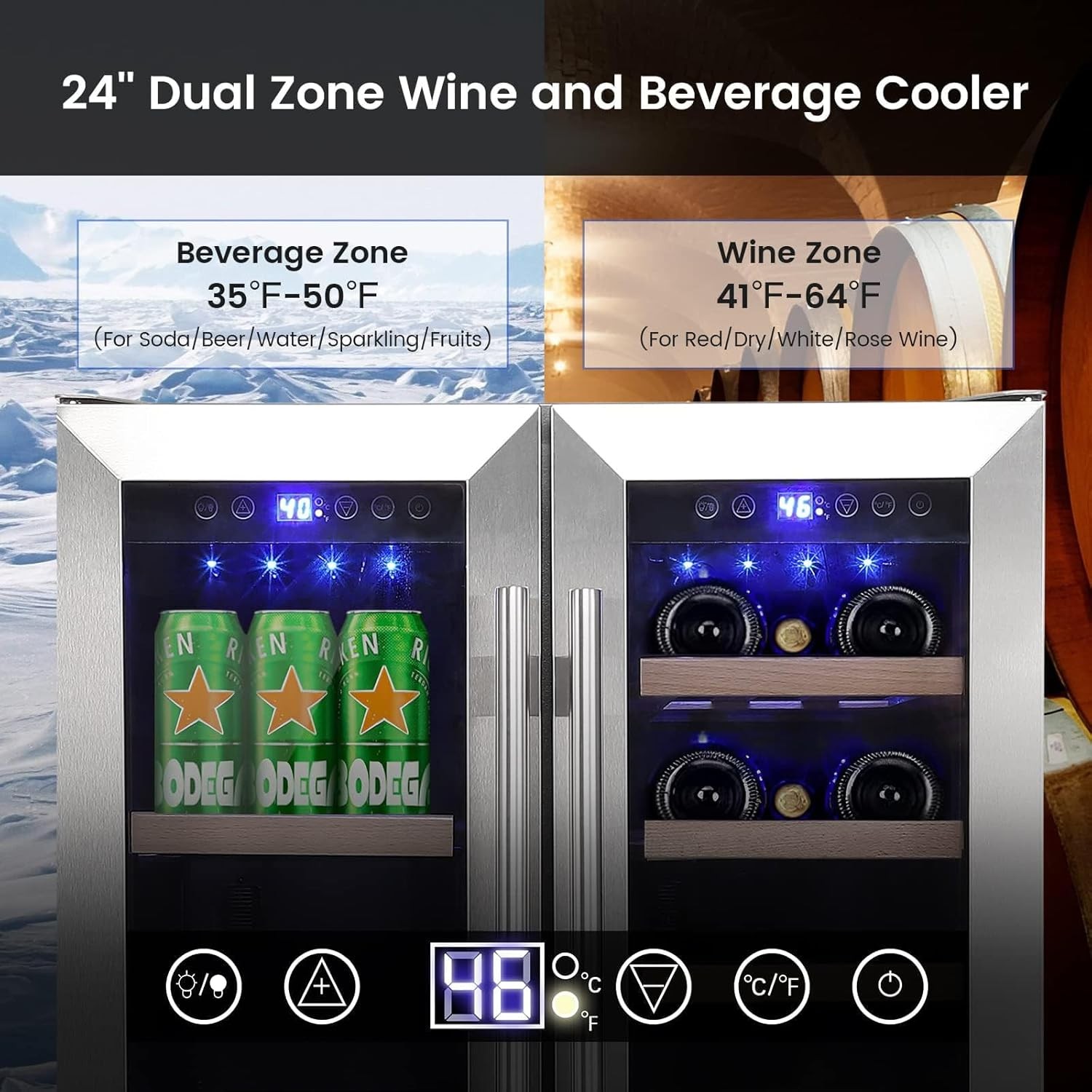 Wine and Beverage Refrigerator, 55 Cans & 20 Bottles Large Dual Zone Wine Cooler