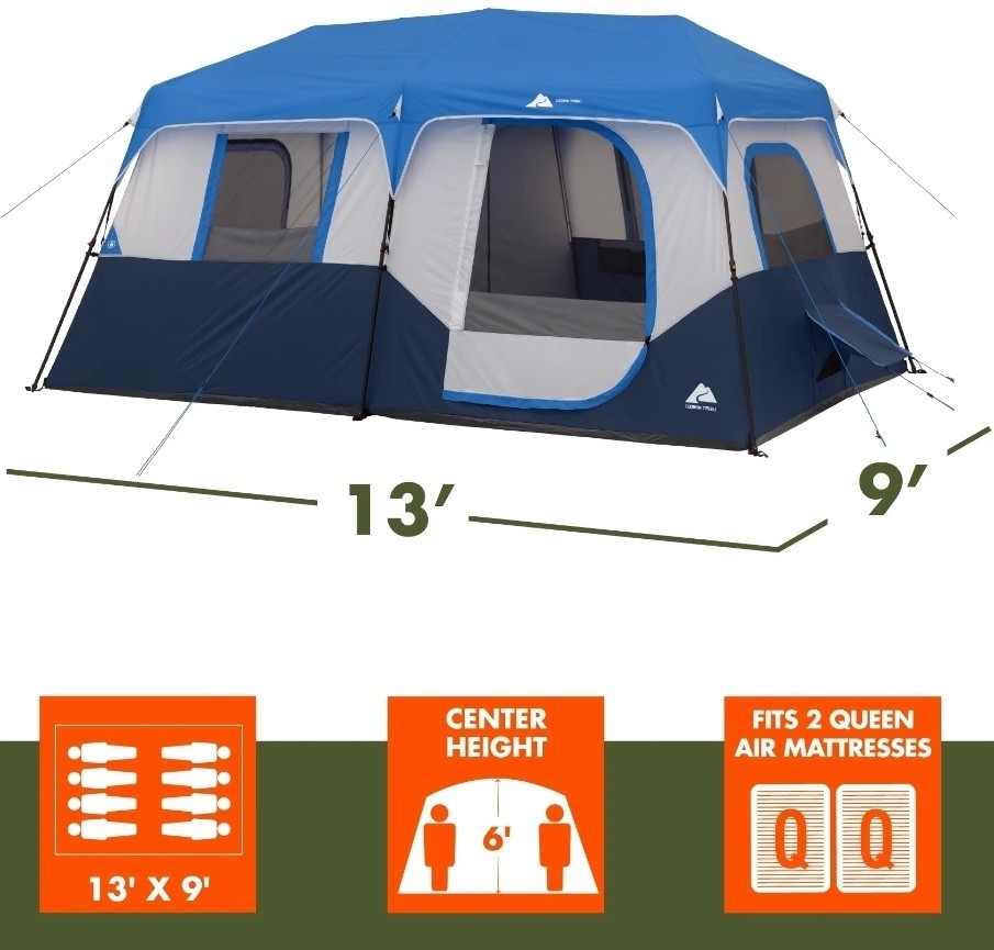 Ozark Trail 8 Person Instant Cabin Tent w/LED Lighted Poles Camping Family Tent
